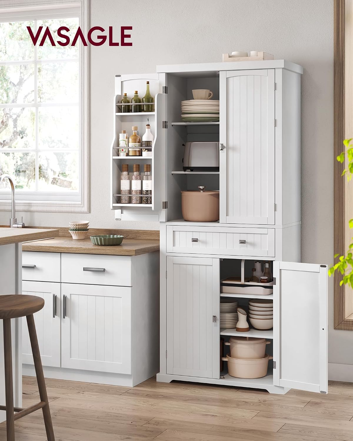 Küchenschrank Hochschrank mit verstellbaren Ablagen und Schublade Vitrinenschrank BBC561W21 40 x 76 x 182,1 cm Weiß