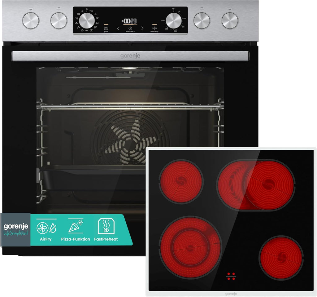 Einbauherd Set Heißluft Inox Set 4 77L Glaskeramik Kochfeld mit ExtraSteam AirFry PizzaMode PerfectGrill EcoClean
