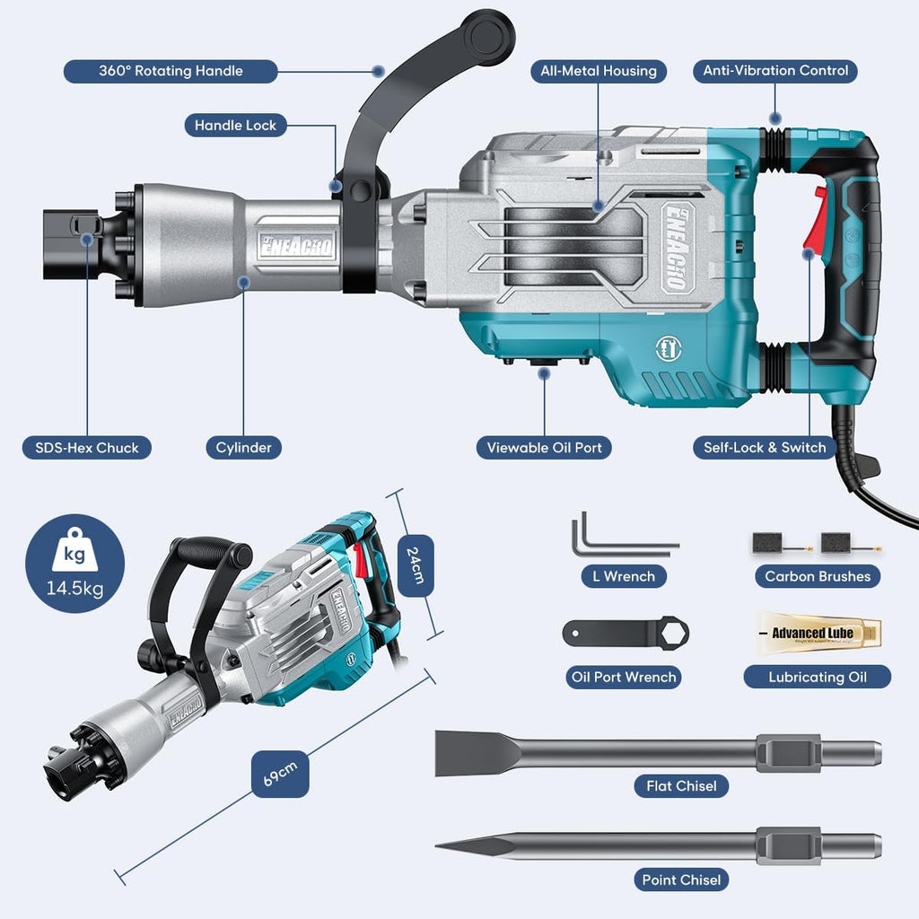 Abbruchhammer SDS-Hex 1700 W 65 J Z1G-DS-107HC Beton Stemmhammer mit Meißel Set und Transportkoffer
