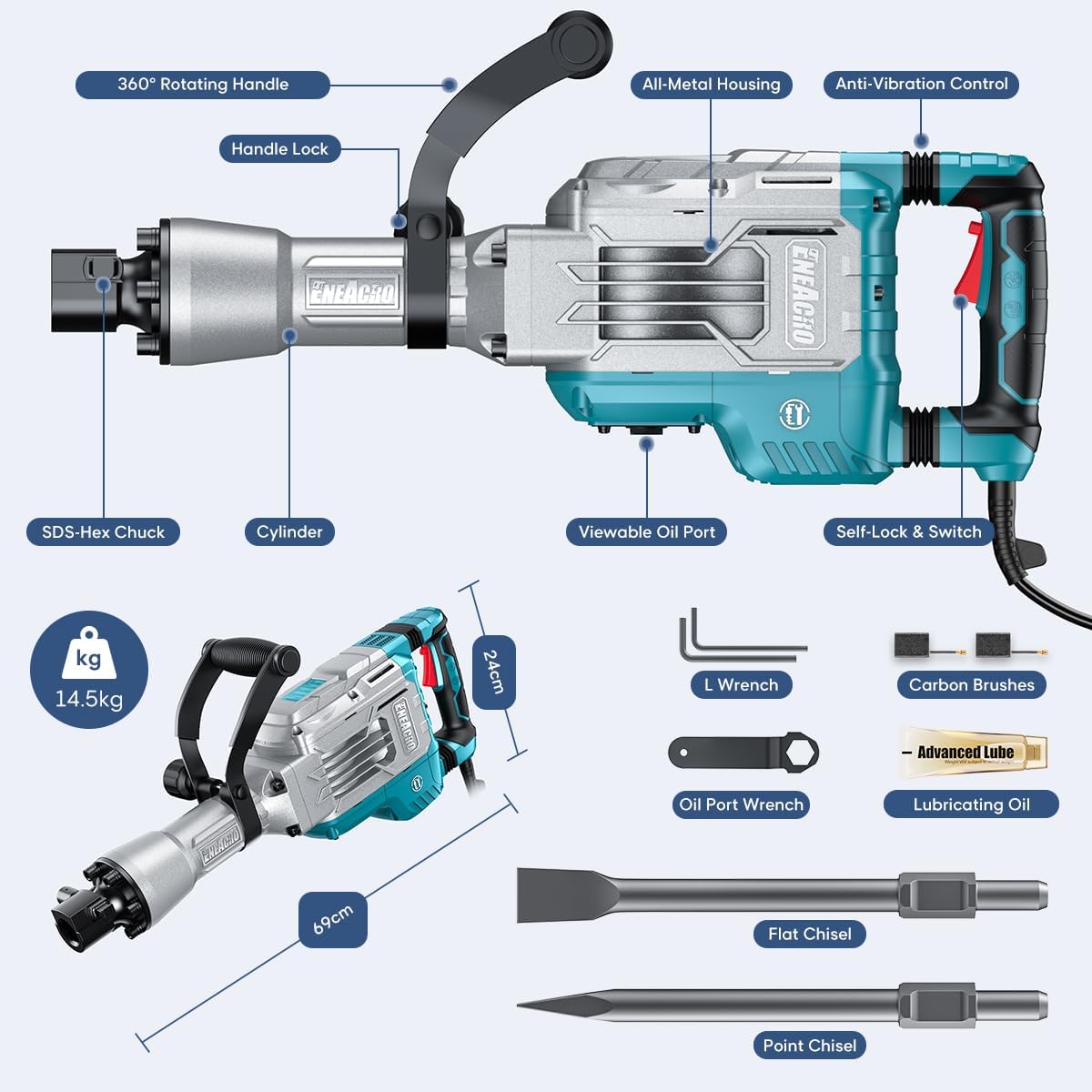 Abbruchhammer SDS-Hex 1700 W 65 J Z1G-DS-107HC Beton Stemmhammer mit Meißel Set und Transportkoffer