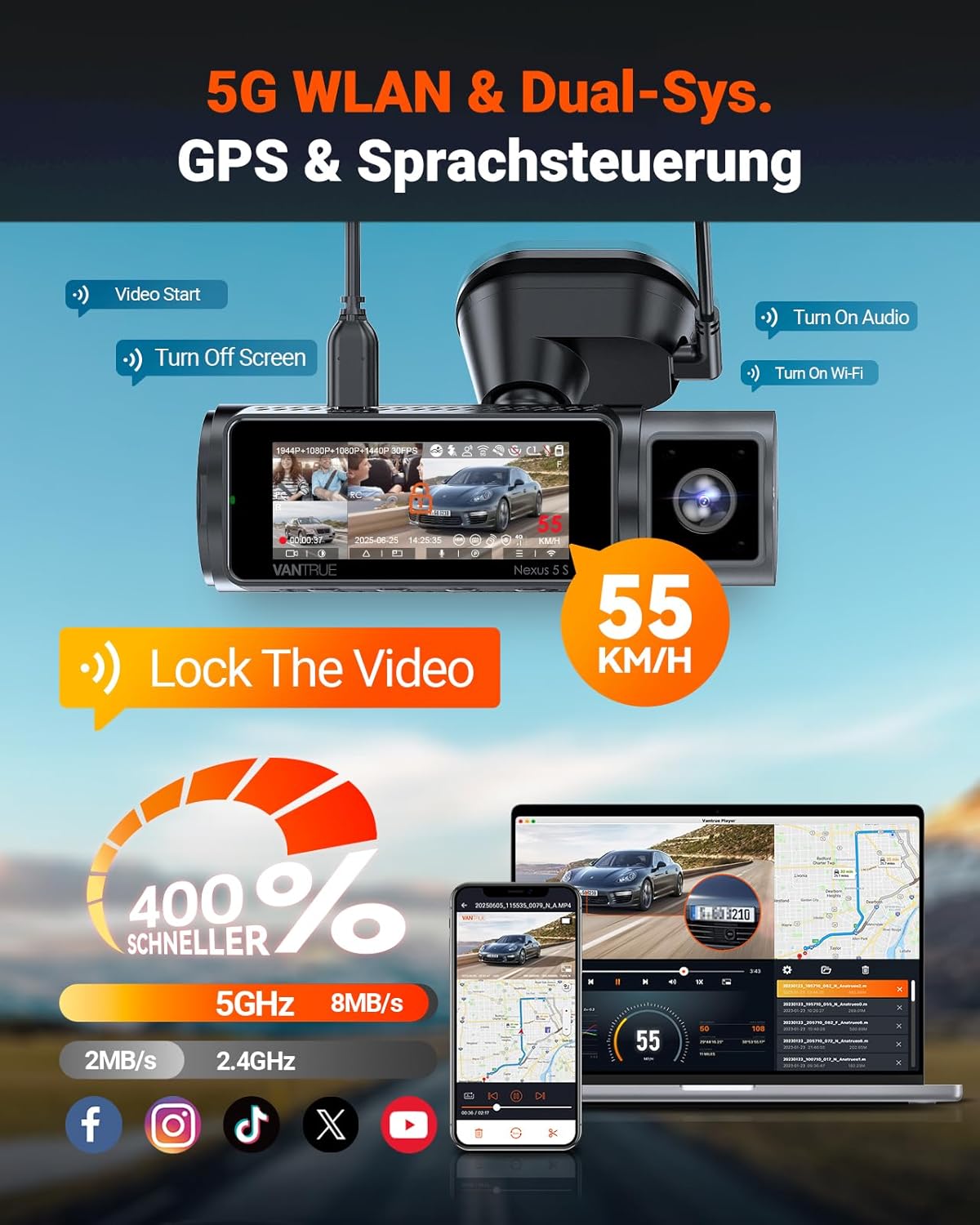 Dashcam N5S 4 Kanal 2.7K Front Innen Hinten 1440P 1080P HDR WDR 360 Grad WiFi GPS Parkmodus 1TB Support