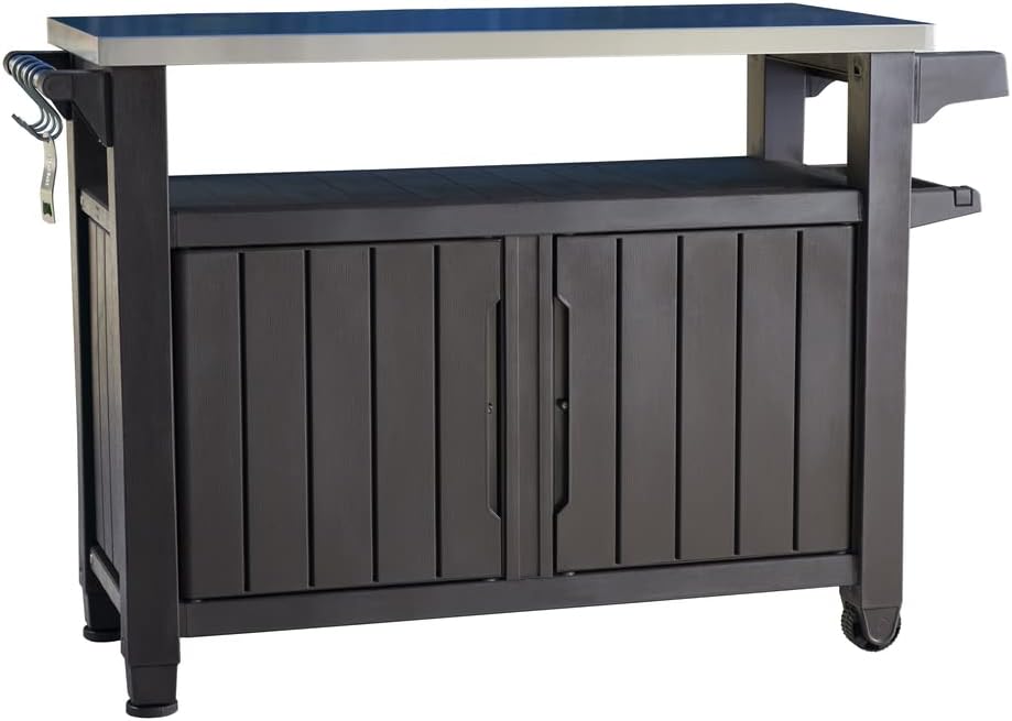BBQ Beistelltisch XL mit Edelstahl-Arbeitsplatte 134 x 51,7 x 89,6 cm Wetterfest 298 L Stauraum