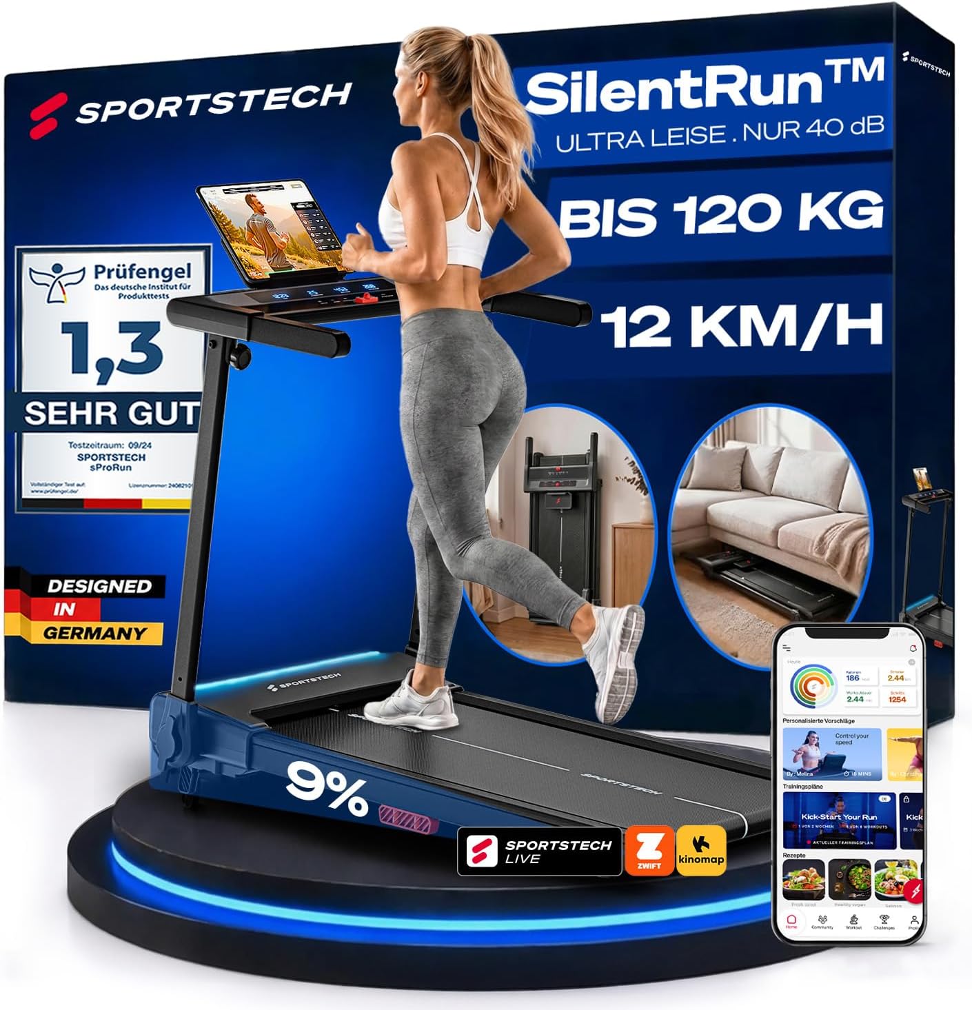 Elektrisches Laufband sProRun klappbar mit 9% Steigung 12 km/h für bis 120 kg Bluetooth LED Display und Tablethalter