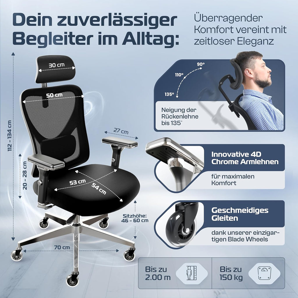 Ergonomischer Bürostuhl Drehstuhl CS BLK 150 kg 4D Armlehnen Lendenstütze Kopfstütze Mesh 65x70x130 cm