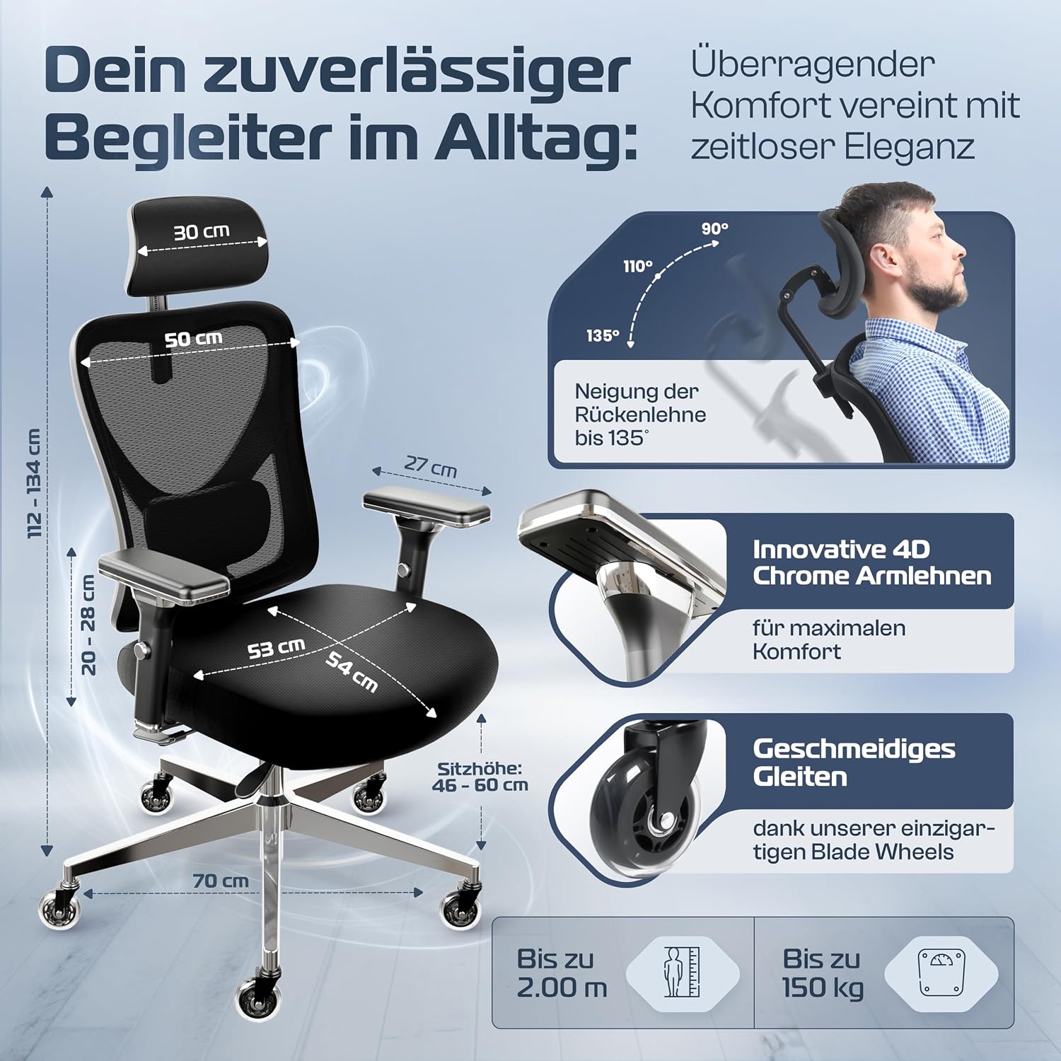 Ergonomischer Bürostuhl Drehstuhl CS BLK 150 kg 4D Armlehnen Lendenstütze Kopfstütze Mesh 65x70x130 cm