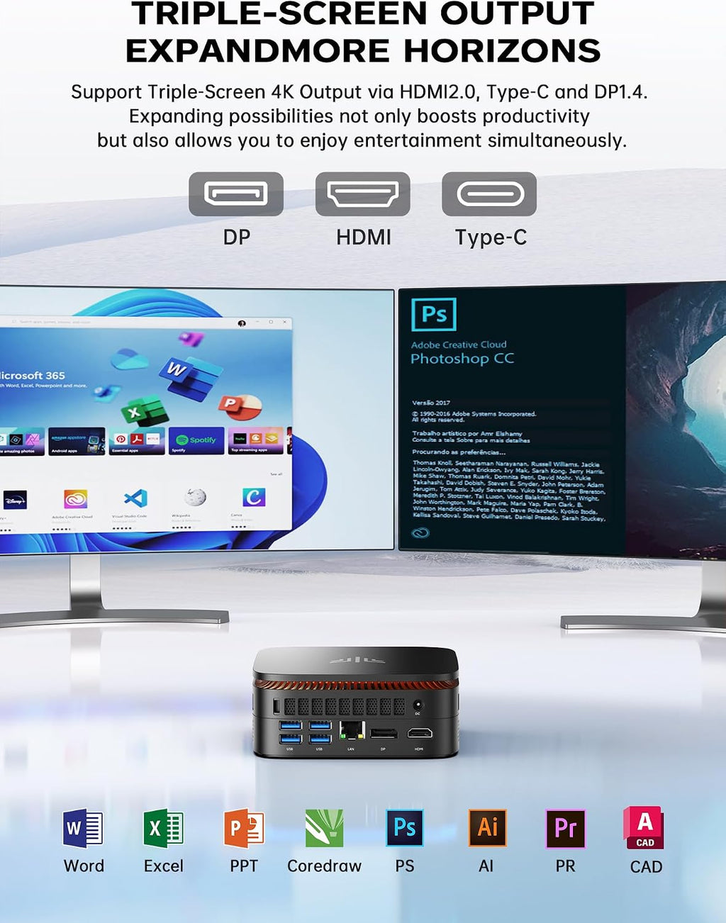 Mini PC AMD Ryzen R2544 Windows 11 Pro 8GB 256GB SSD 4K Triple Display WiFi 5 BT Gigabit LAN AK1PRO