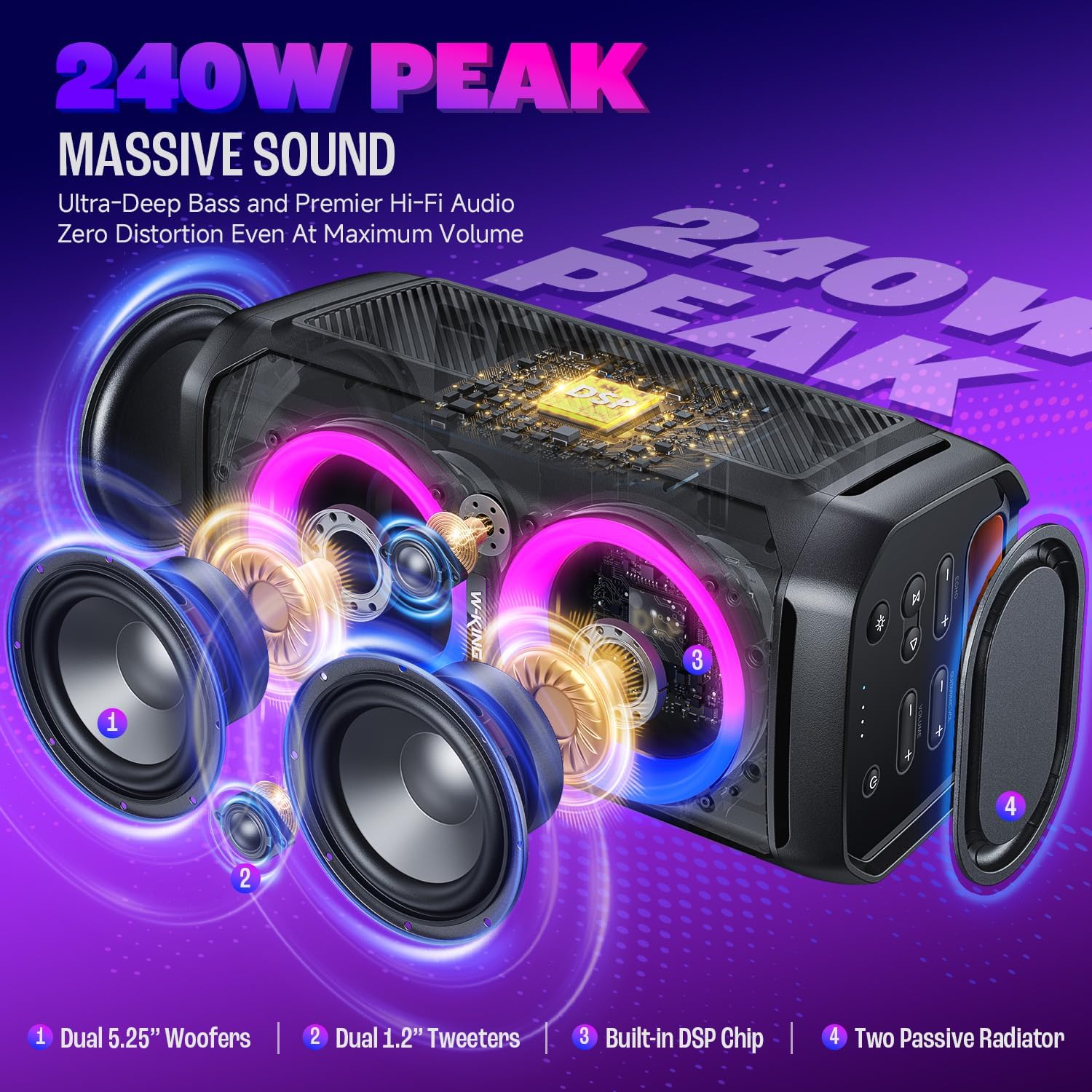 Bluetooth Lautsprecher 240W Max T11 IPX6 115dB Subwoofer RGB Licht Mikrofon Gitarren Eingang für Party
