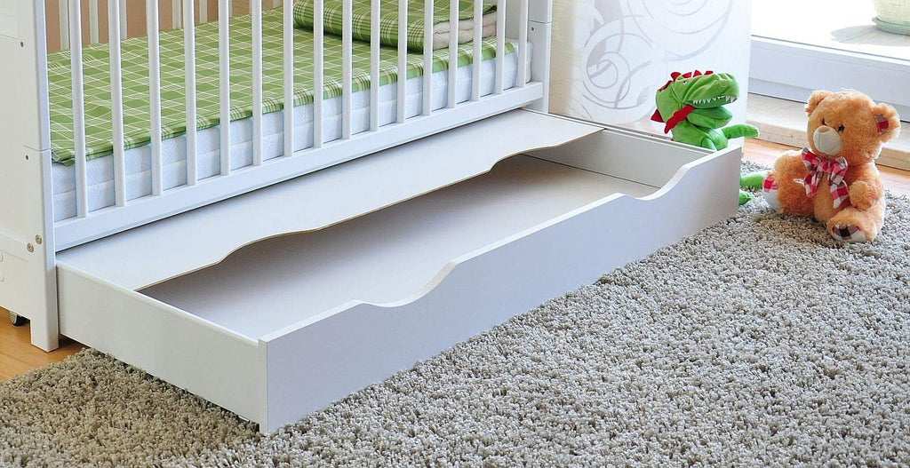 Babybett mit Schublade höhenverstellbar 120x60 cm umbaubar zum Juniorbett mit Matratze und Zahnschienen Weiß