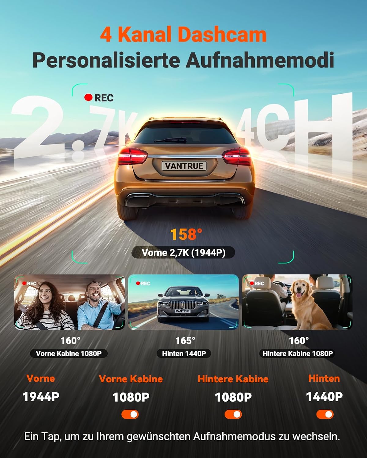 Dashcam N5S 4 Kanal 2.7K Front Innen Hinten 1440P 1080P HDR WDR 360 Grad WiFi GPS Parkmodus 1TB Support
