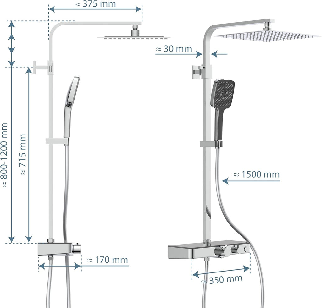Duschsystem Thermostat OCEAN 60531 Regendusche 30x30cm Glasablage Duschsäule Chrom Anthrazit Wandmontage 80-120cm Stange
