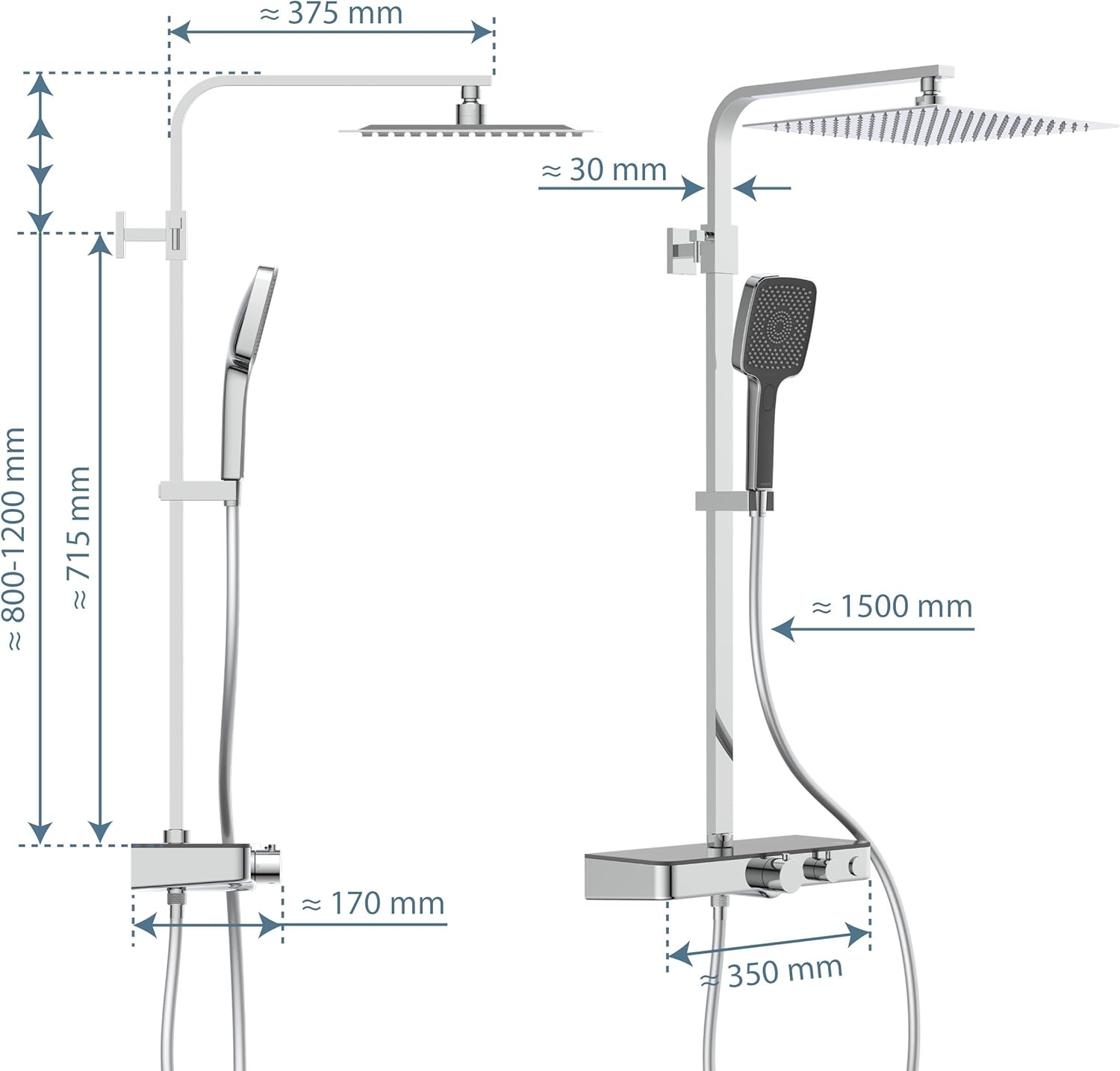 Duschsystem Thermostat OCEAN 60531 Regendusche 30x30cm Glasablage Duschsäule Chrom Anthrazit Wandmontage 80-120cm Stange