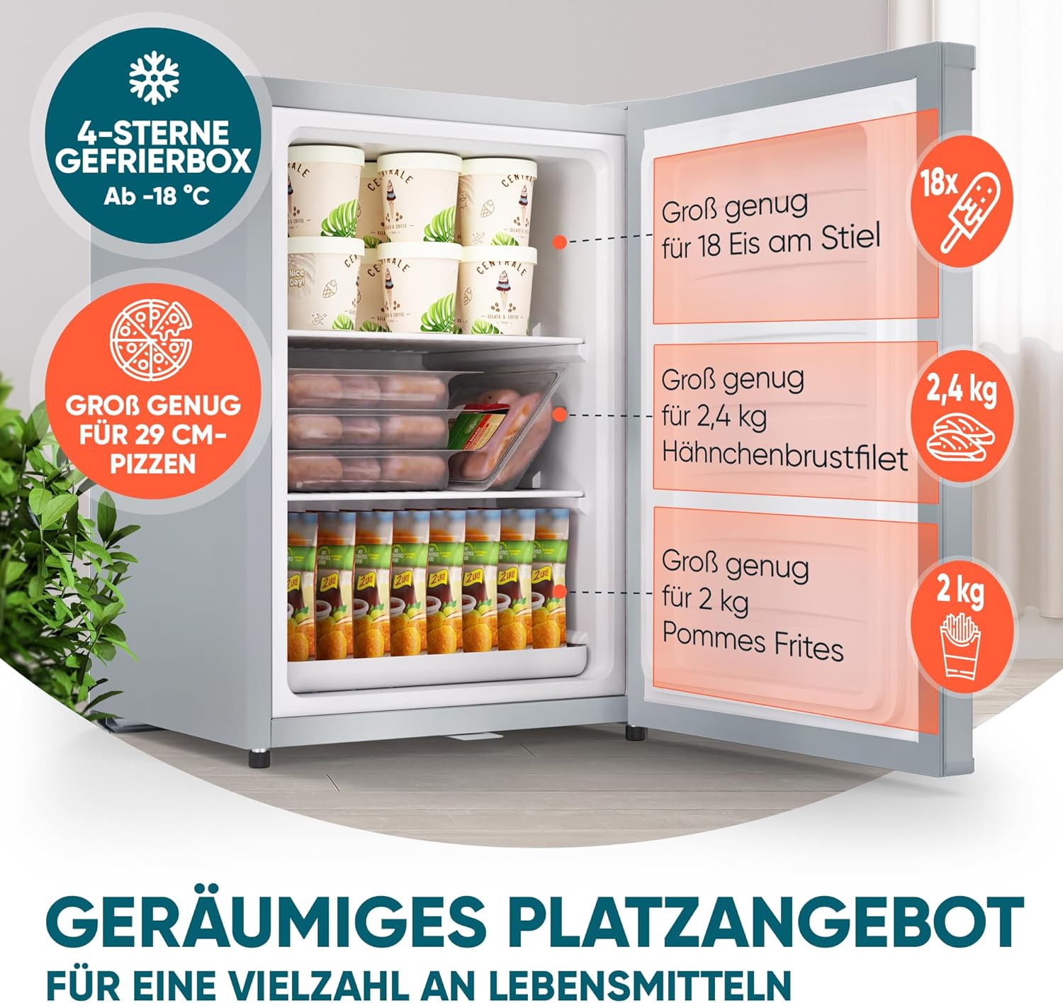 Mini Gefrierschrank 42 L 4 Sterne Tiefkühlschrank -18 °C Energieklasse E mit wechselbarem Türanschlag und Schloss