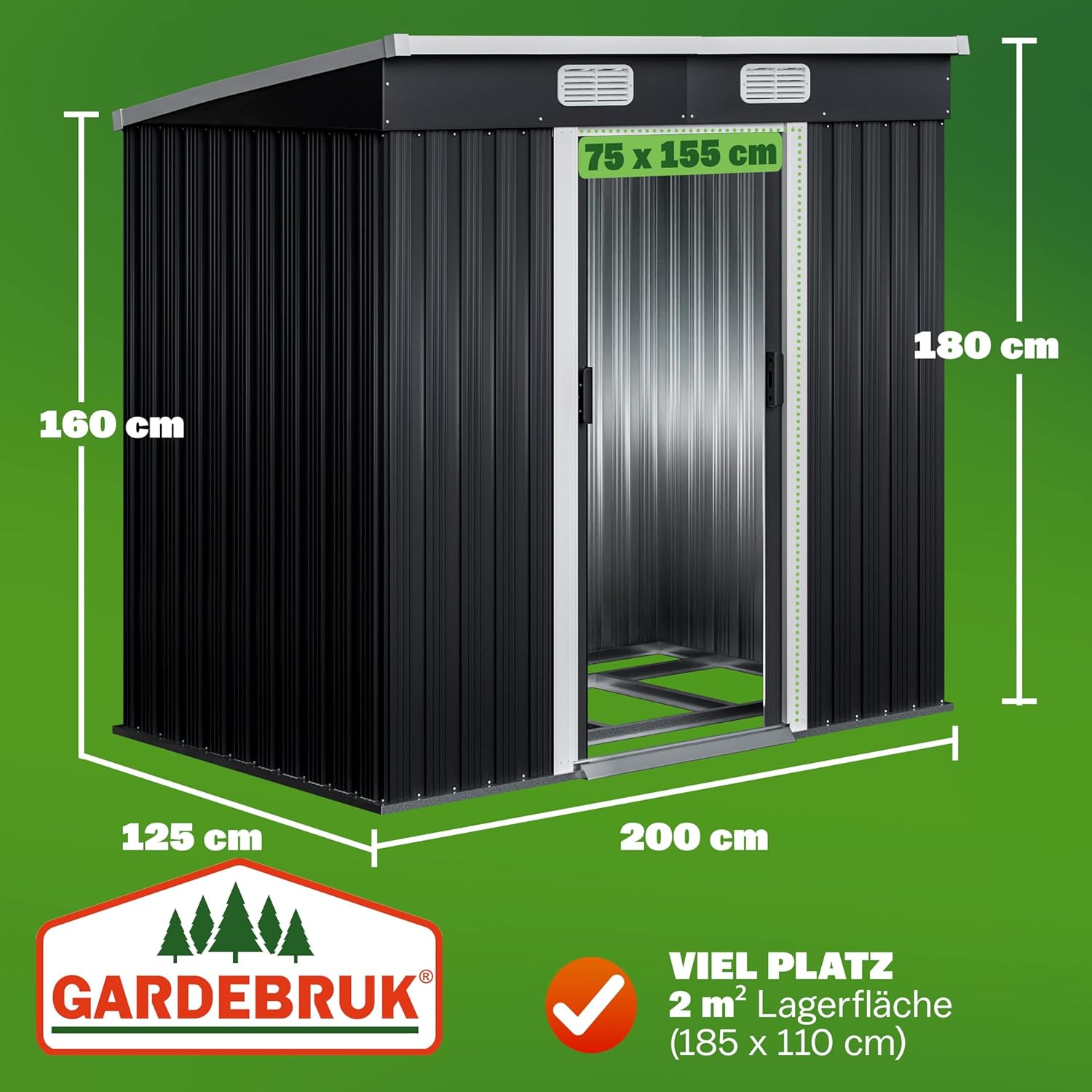 Metall Gerätehaus mit Schiebetür und Fundament 200x125x180 cm wetterfest 2 m² Gartenhaus anthrazit Stahlkonstruktion