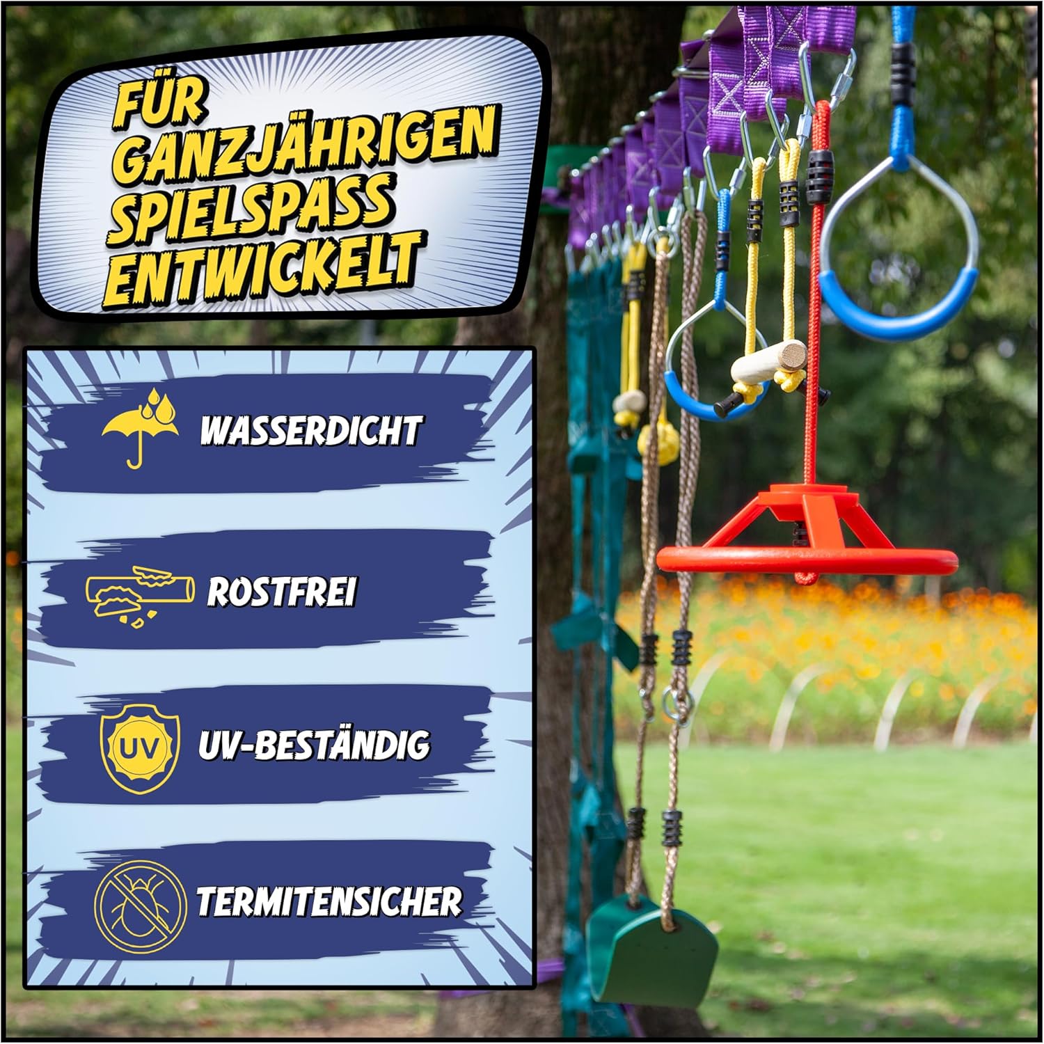 Ninja Hindernisparcours für Kinder Slackline Set 16,8 m mit Kletternetz Seilleiter Gymnastikringen Outdoor Trainingsgerät