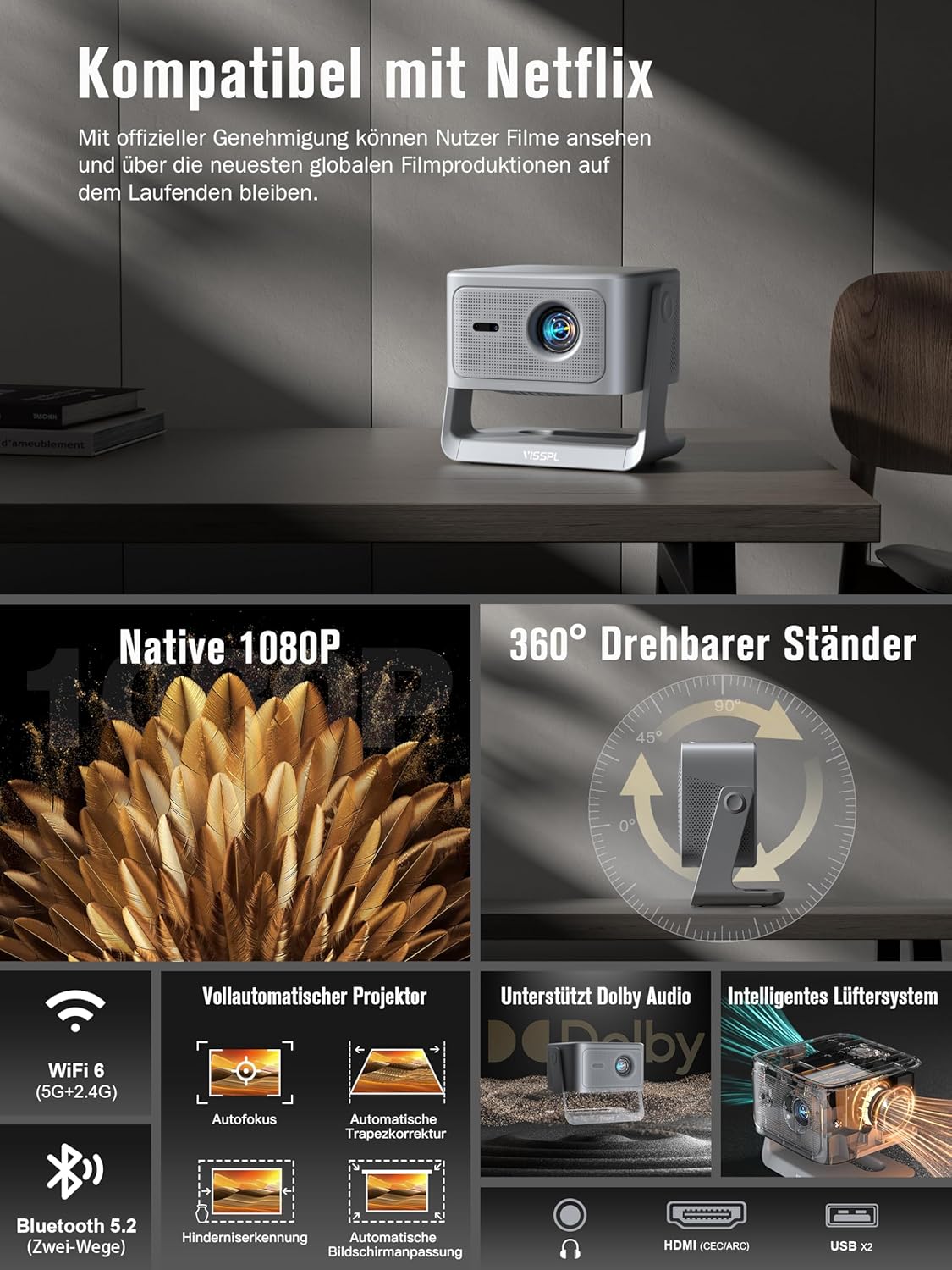 Projektor 1080P Heimkino A5 4K Unterstützung Autofokus WiFi 6 Bluetooth Dolby Audio verstellbarer Standfuß