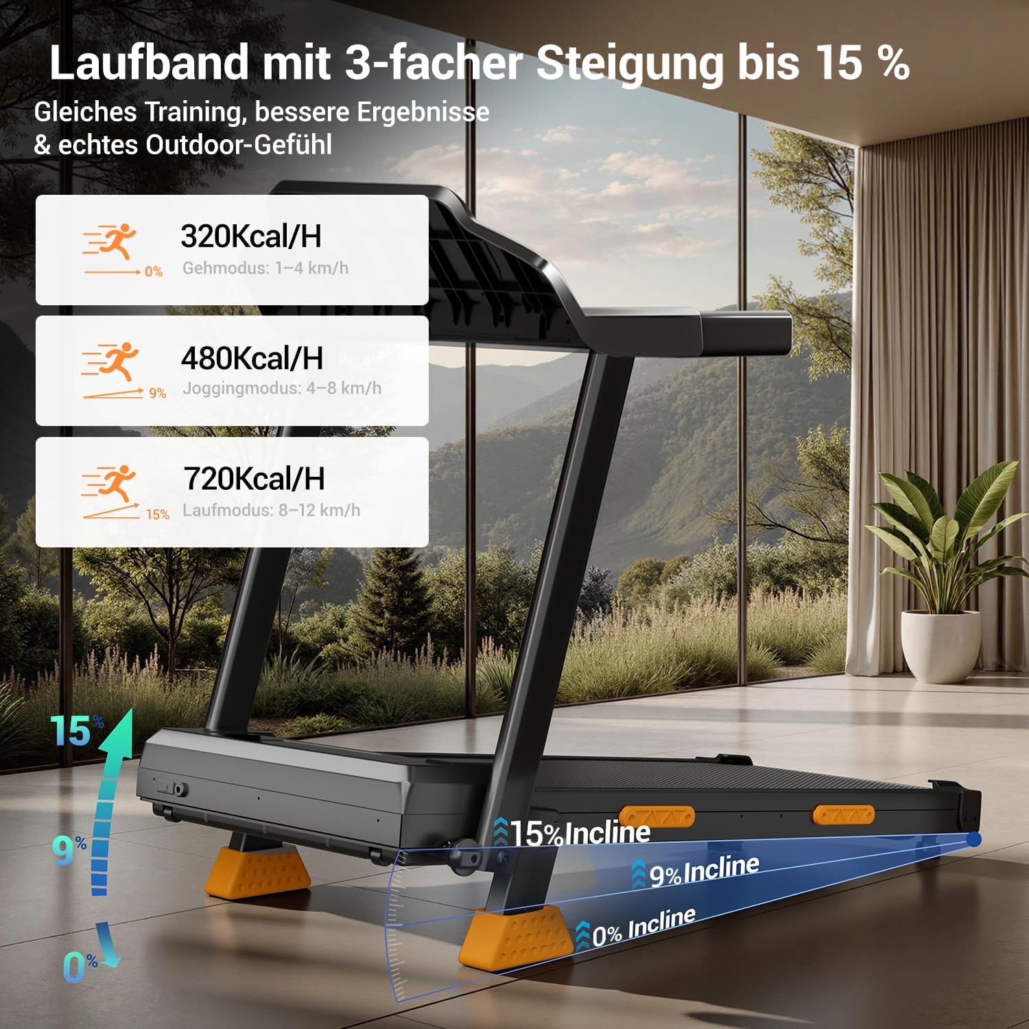 Laufband klappbar mit Steigung SF20 12 kmh 3 PS Motor 15 Prozent Neigung 136 kg Tragkraft LED Anzeige