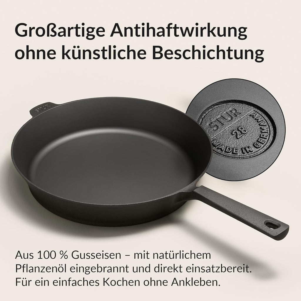 Gusseisenpfanne 28 cm voreingebrannt für Induktion und alle Herdarten backofengeeignet