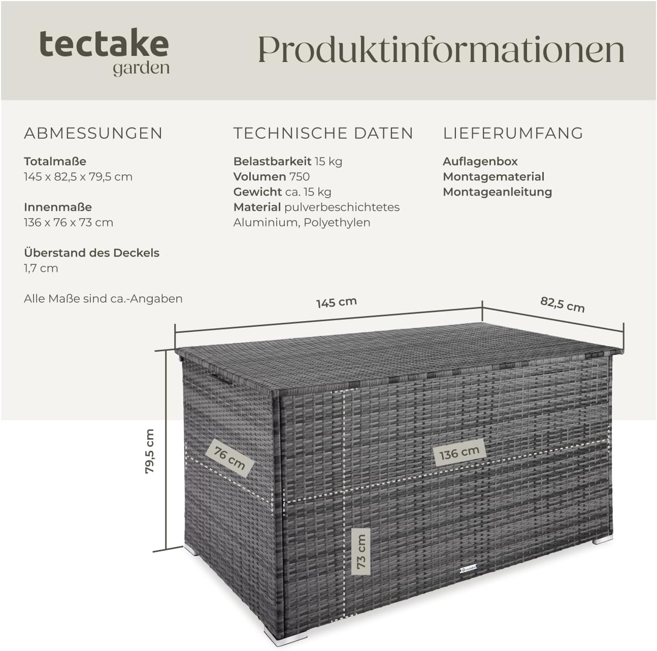 Garten Aufbewahrungsbox 404245 aus Polyrattan und Aluminium 750 L wetterfest UV-beständig 145 x 82,5 x 79,5 cm mit Gasdruckfedern