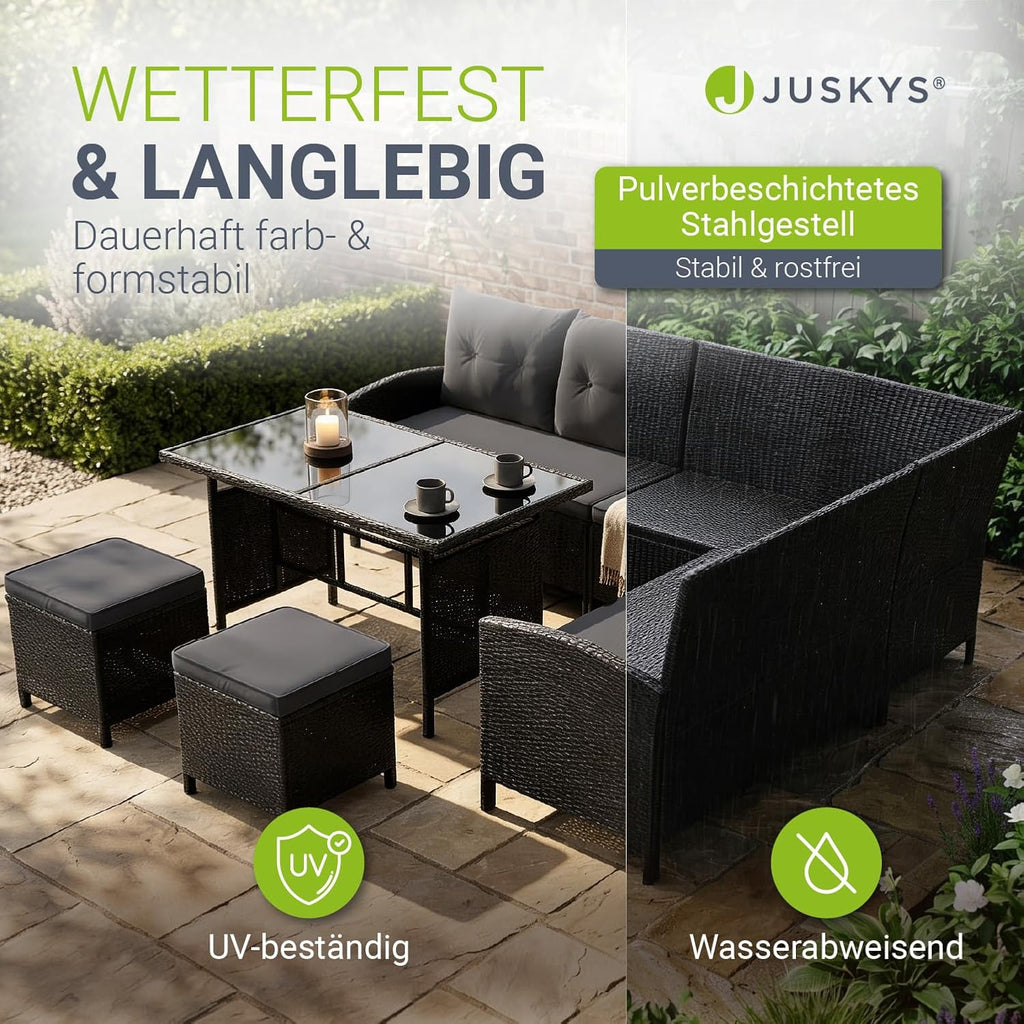 Gartenlounge Set Polyrattan Ecksofa Esstisch 2 Hocker Kissen 5-teilig wetterfest 7 Personen Schwarz Grau