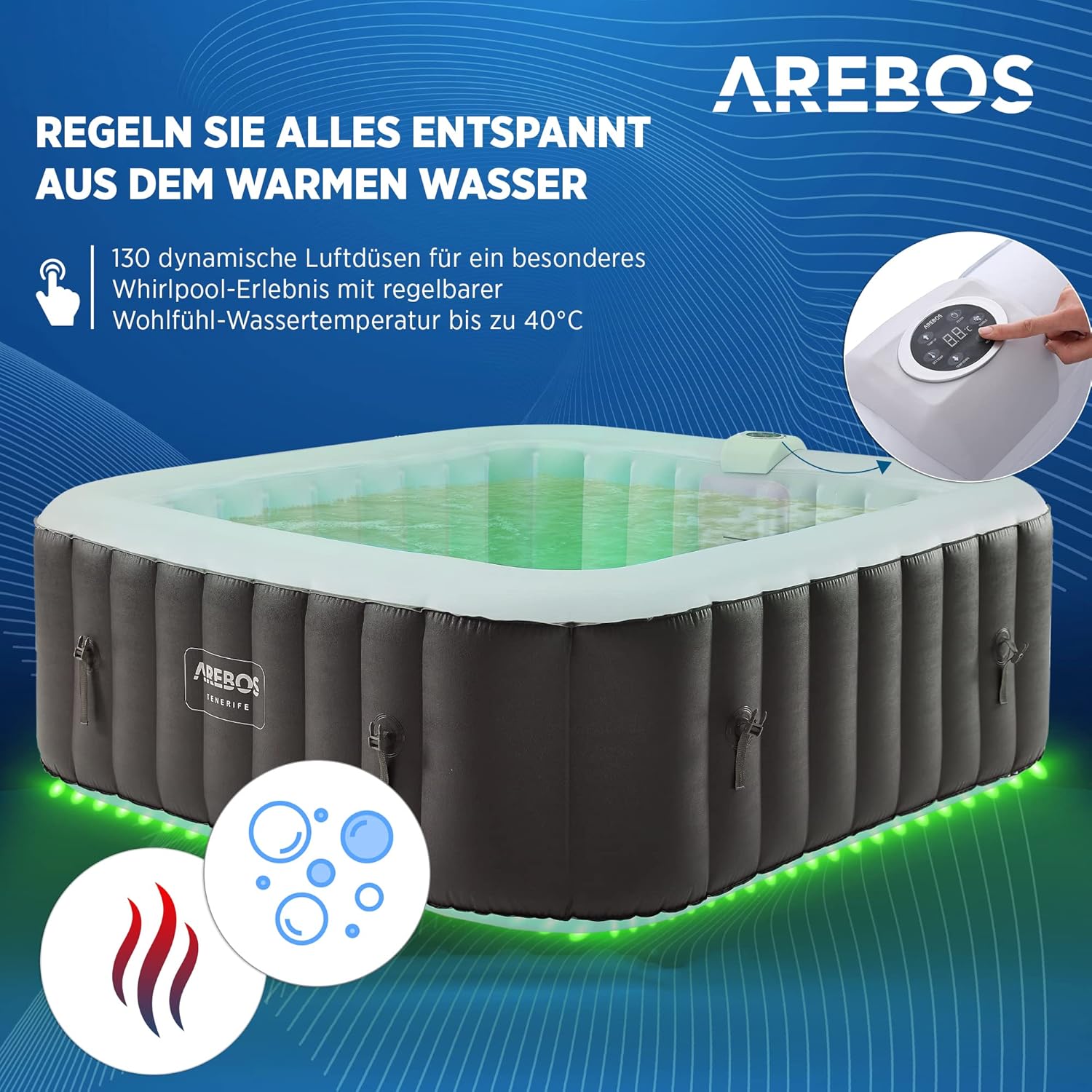 Spa Whirlpool Tenerife 185x185cm 910L 2400W mit 130 Massagedüsen LED-Beleuchtung und Abdeckung für 6 Personen