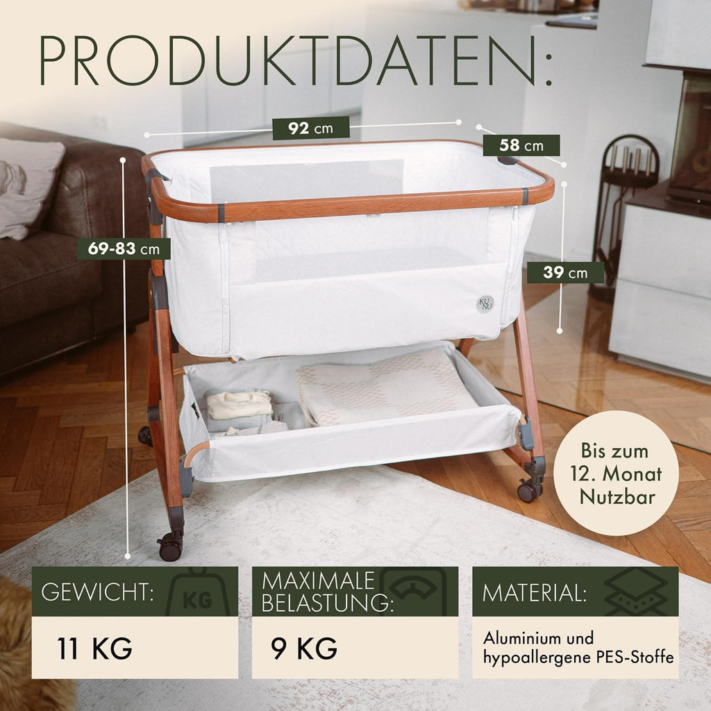 Baby Beistellbett 3in1 KUNU-Bett-02 höhenverstellbar 93x58 cm mit Rollen Stubenwagen Reisebett mit Matratze und Tasche