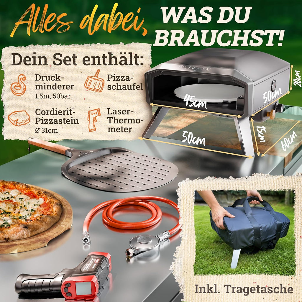Outdoor Gas Pizzaofen NeroSpin 12 Zoll 6,2 kW 450 °C mit Pizzastein Drehteller Pizzaschaufel Thermometer und Tragetasche