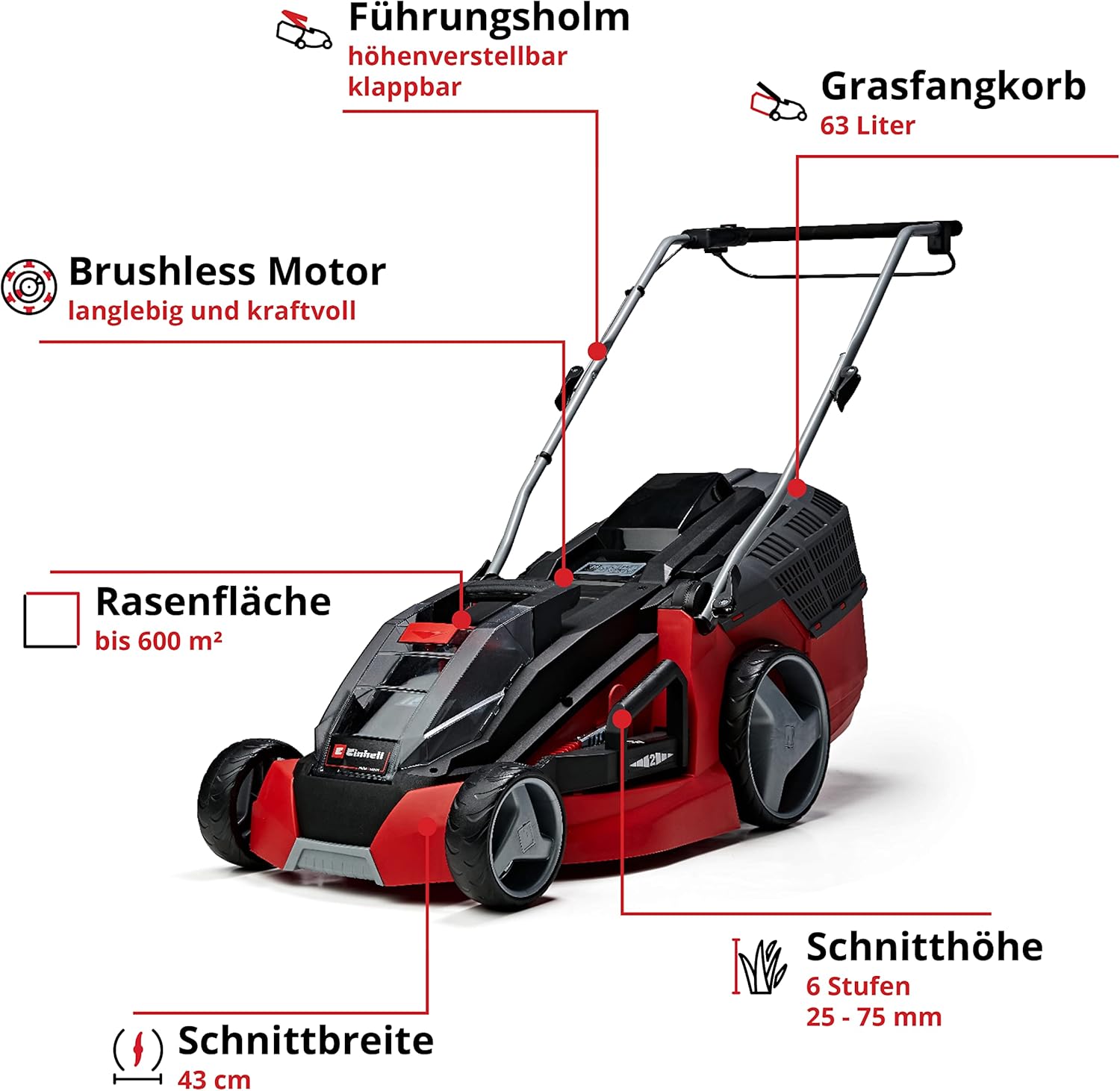Akku Rasenmäher GE-CM 43 Li M 43 cm 36V Brushless 600 m² 63L Fangkorb 2x Akku 2x Ladegerät Mulchfunktion