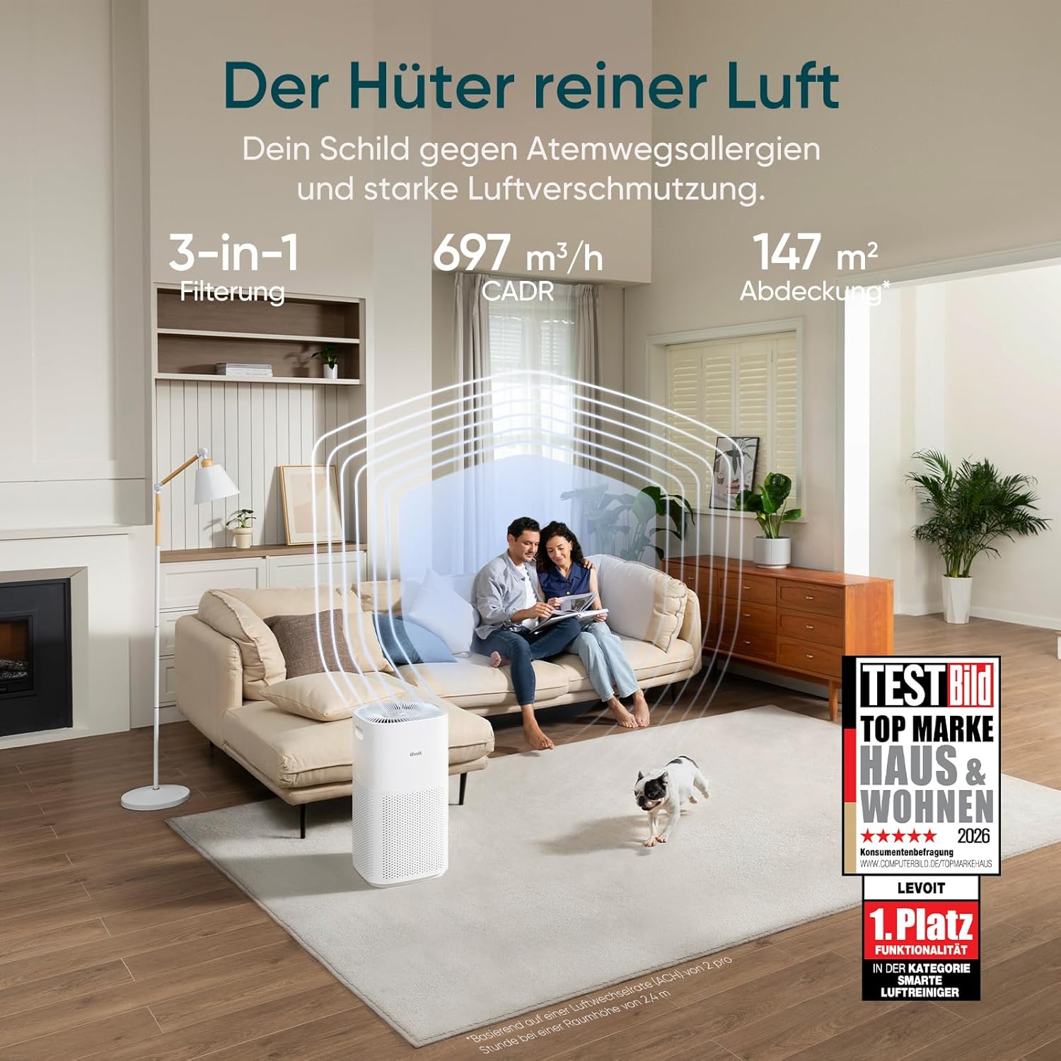 HEPA Luftreiniger CORE 600S CADR 697m³/h für bis zu 147m² mit PM2.5 Sensor Automodus App-Steuerung Cremeweiß