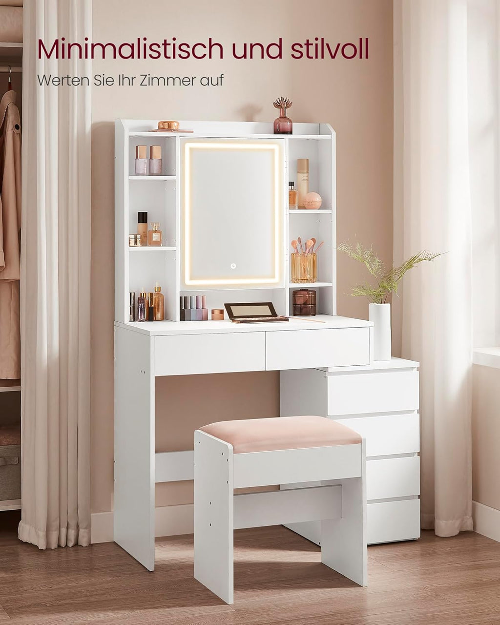 Schminktisch mit LED-Beleuchtung und Spiegel mit Hocker und Schubladen verstellbare Ablagen und offene Fächer RDT125W01