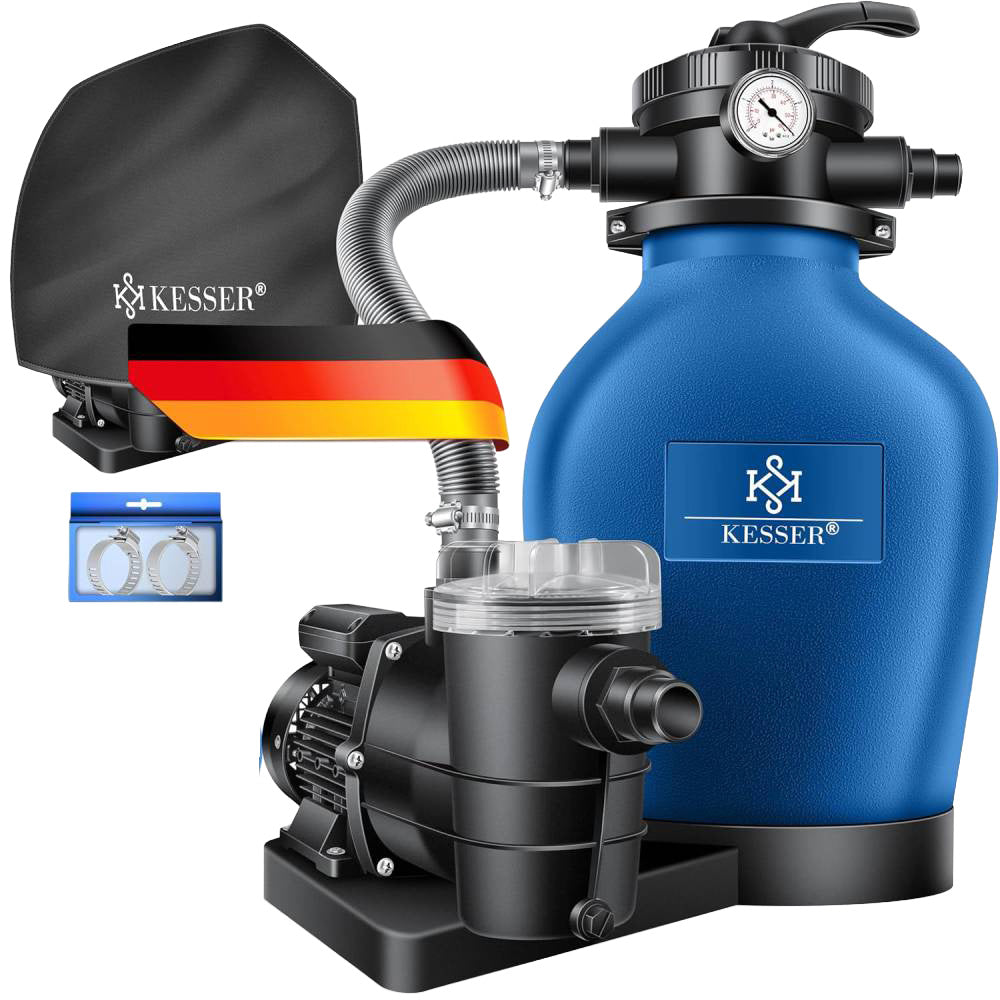 Pool Sandfilteranlage 10200 l/h 400 W mit 7-Wege-Ventil Filterbällen und Wettercover für Pools bis 60000 L
