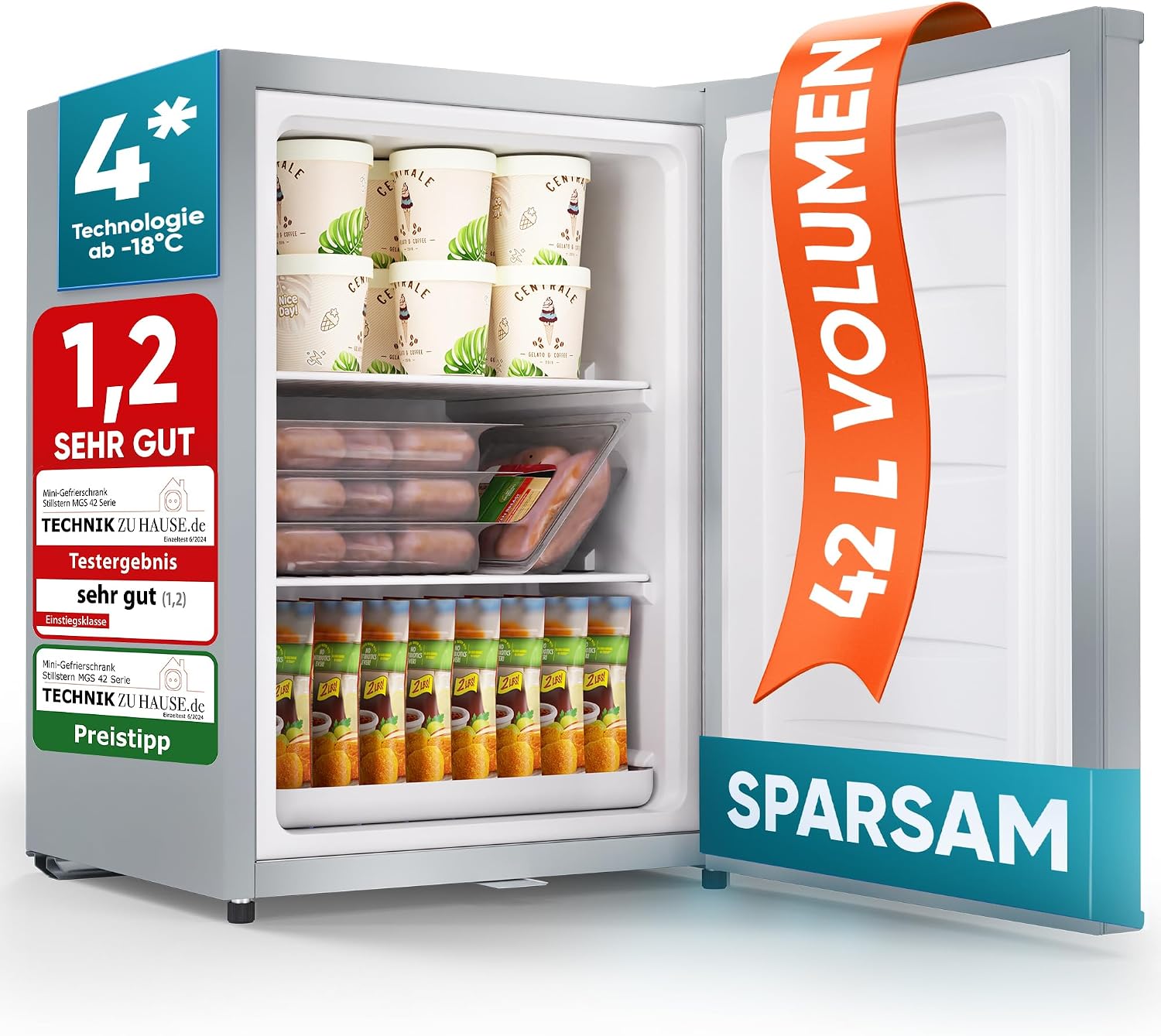 Mini Gefrierschrank 42 L 4 Sterne Tiefkühlschrank -18 °C Energieklasse E mit wechselbarem Türanschlag und Schloss