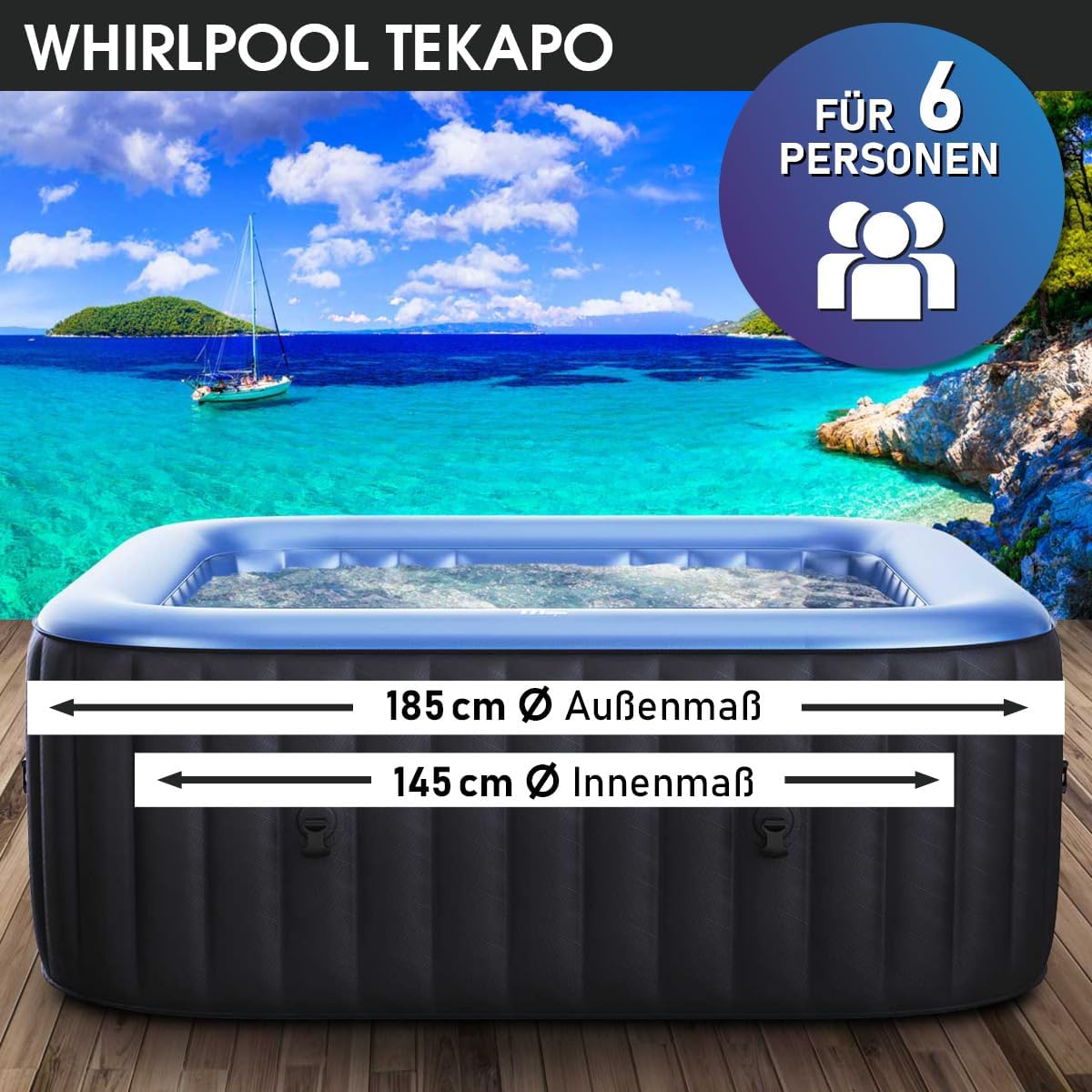 Aufblasbarer Whirlpool 6 Personen 185x185cm Tekapo C-TE062 132 Massagedüsen Spa Pool mit Heizung und Energiespar Timer