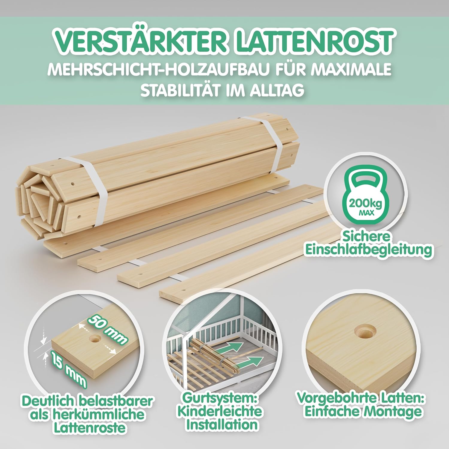 Bodenbett 90x200 cm Montessori Kinderbett Massivholz Kiefer mit Rausfallschutz und Roll-Lattenrost bis 200 kg