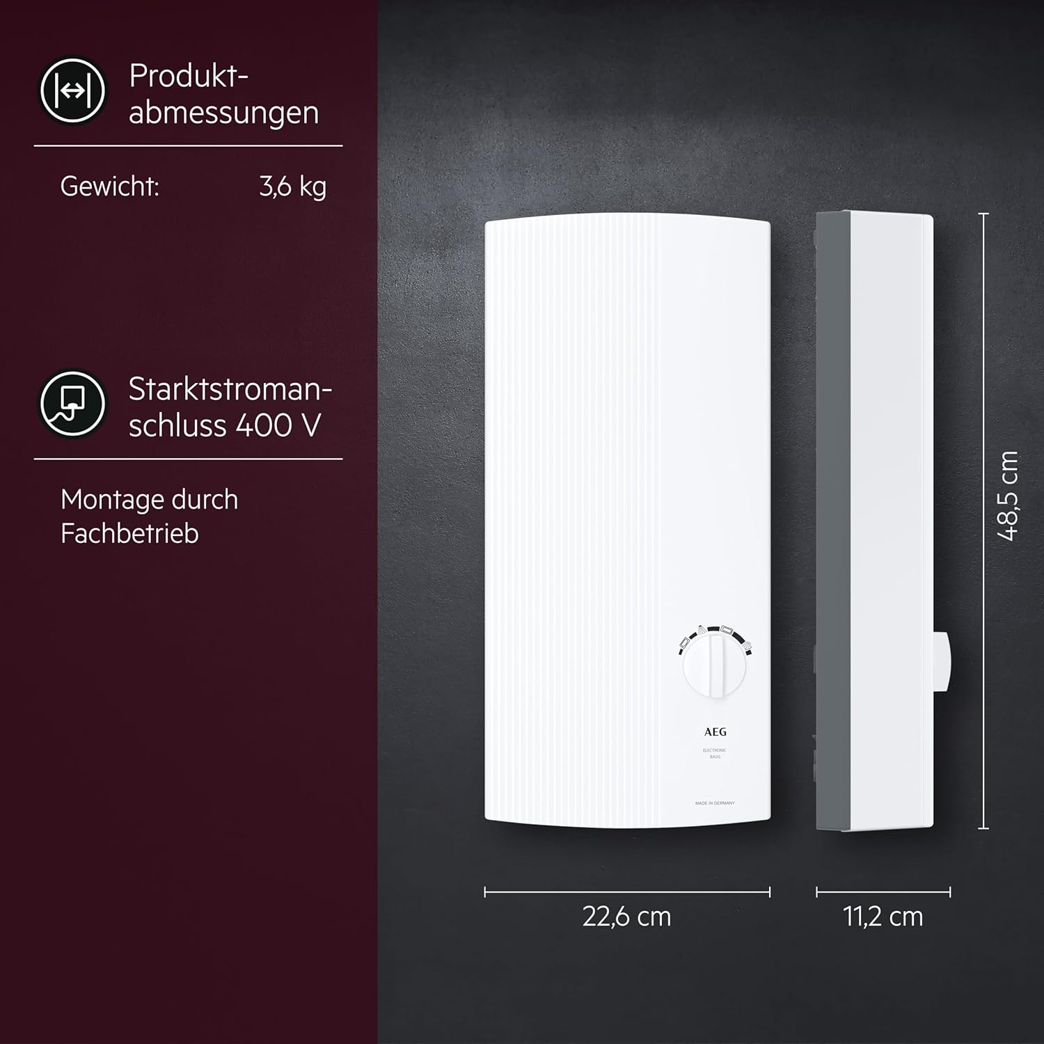 Elektro Durchlauferhitzer 18/21/24 kW 400 V mit stufenloser Temperaturregelung 30–60 °C