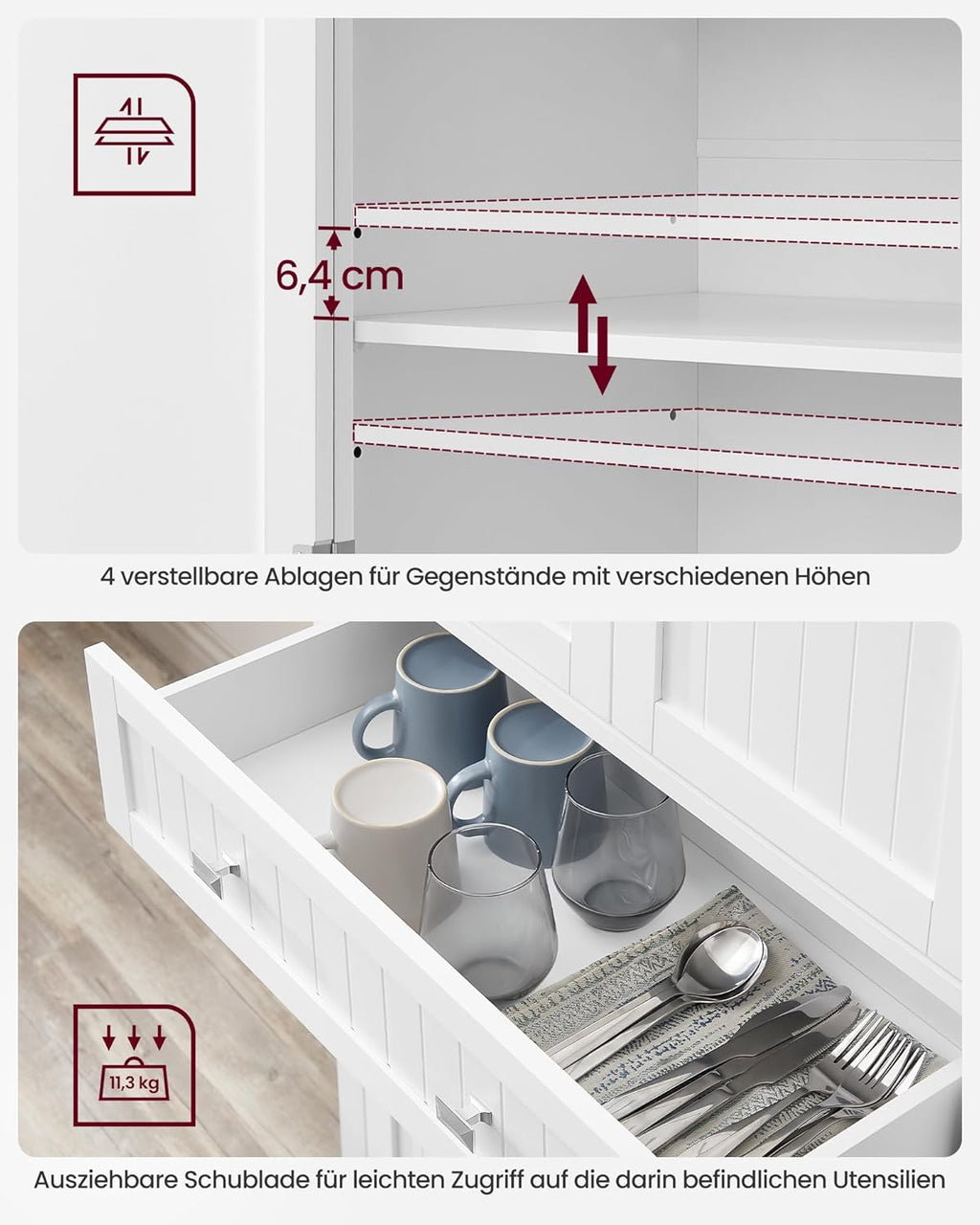 Küchenschrank Hochschrank mit verstellbaren Ablagen und Schublade Vitrinenschrank BBC561W21 40 x 76 x 182,1 cm Weiß