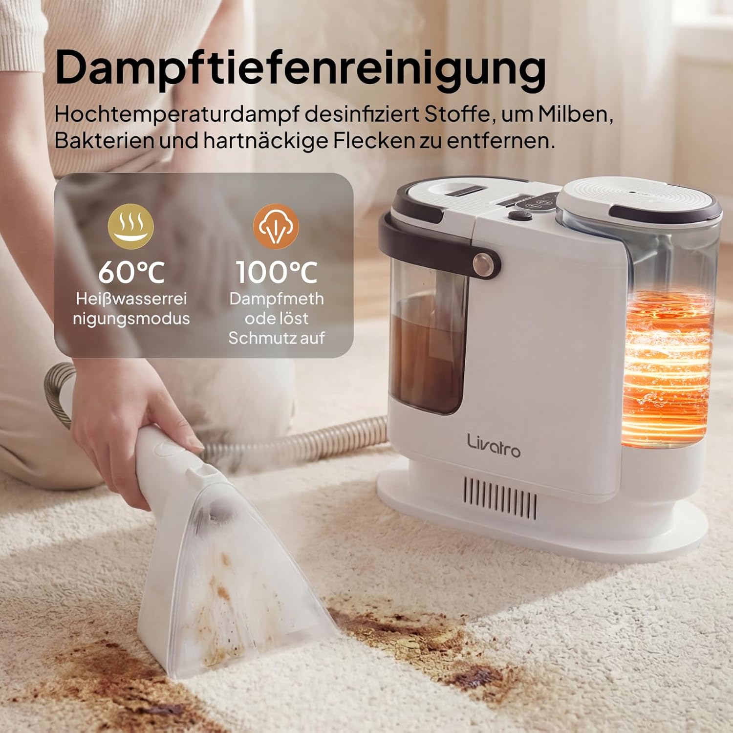 Polsterreiniger Nasssauger LVCUCM002 mit Dampffunktion 15 kPa und 1,6 L Tank für Teppiche Sofa und Auto