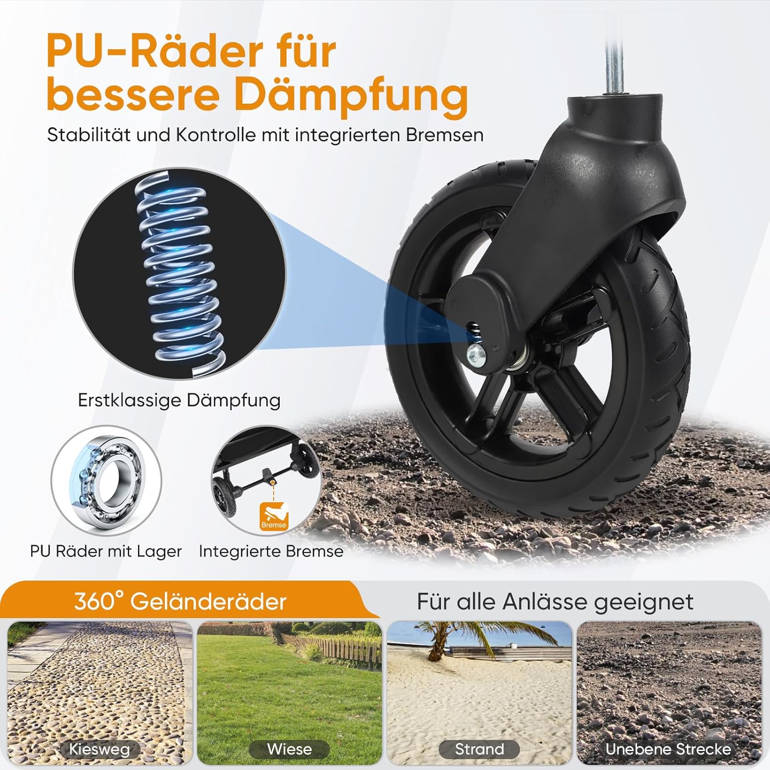 Faltbarer Bollerwagen mit Dach SS5050 110L PU Räder mit Bremsen 100kg Traglast Schiebegriff Kinder Transportwagen