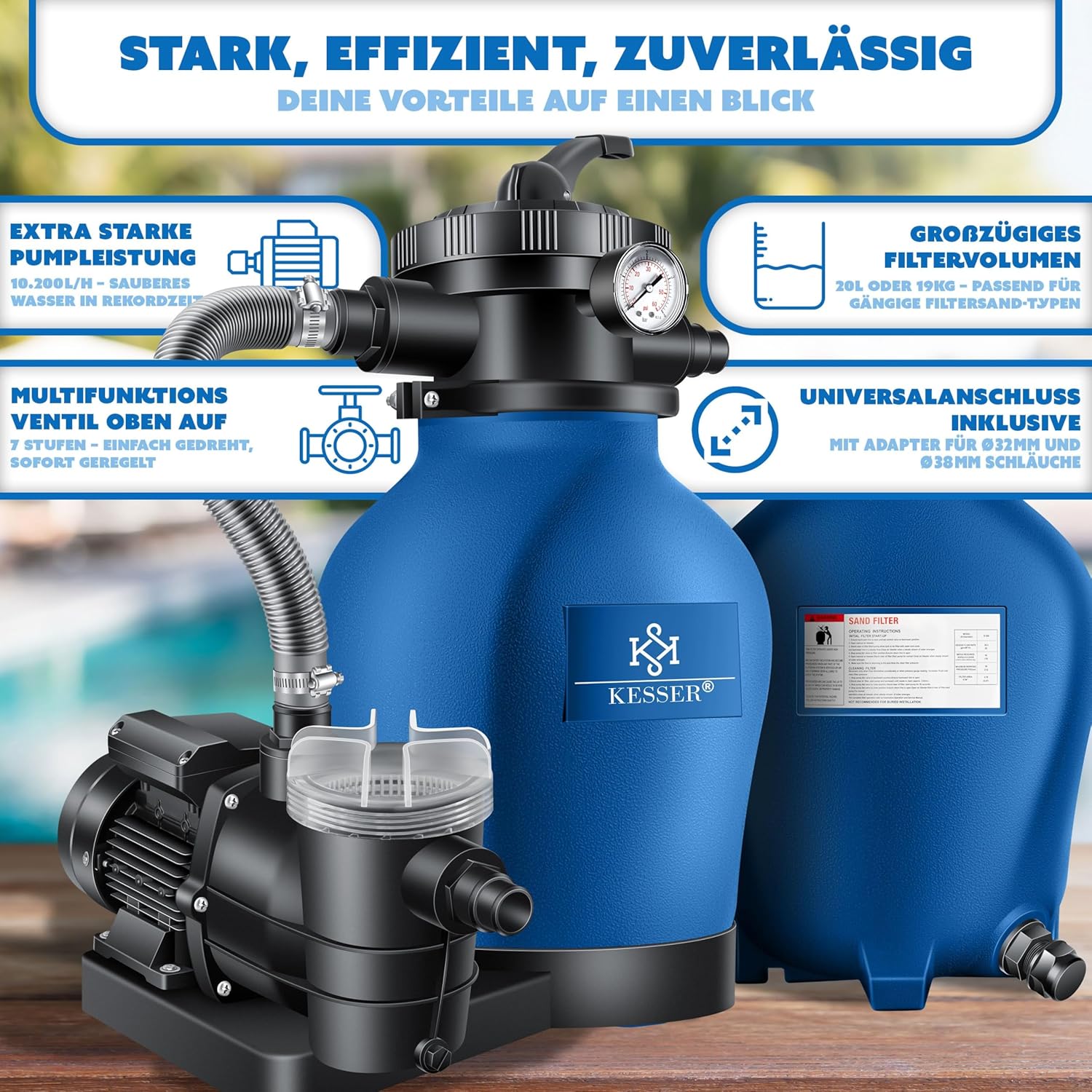 Pool Sandfilteranlage 10200 l/h 400 W mit 7-Wege-Ventil Filterbällen und Wettercover für Pools bis 60000 L