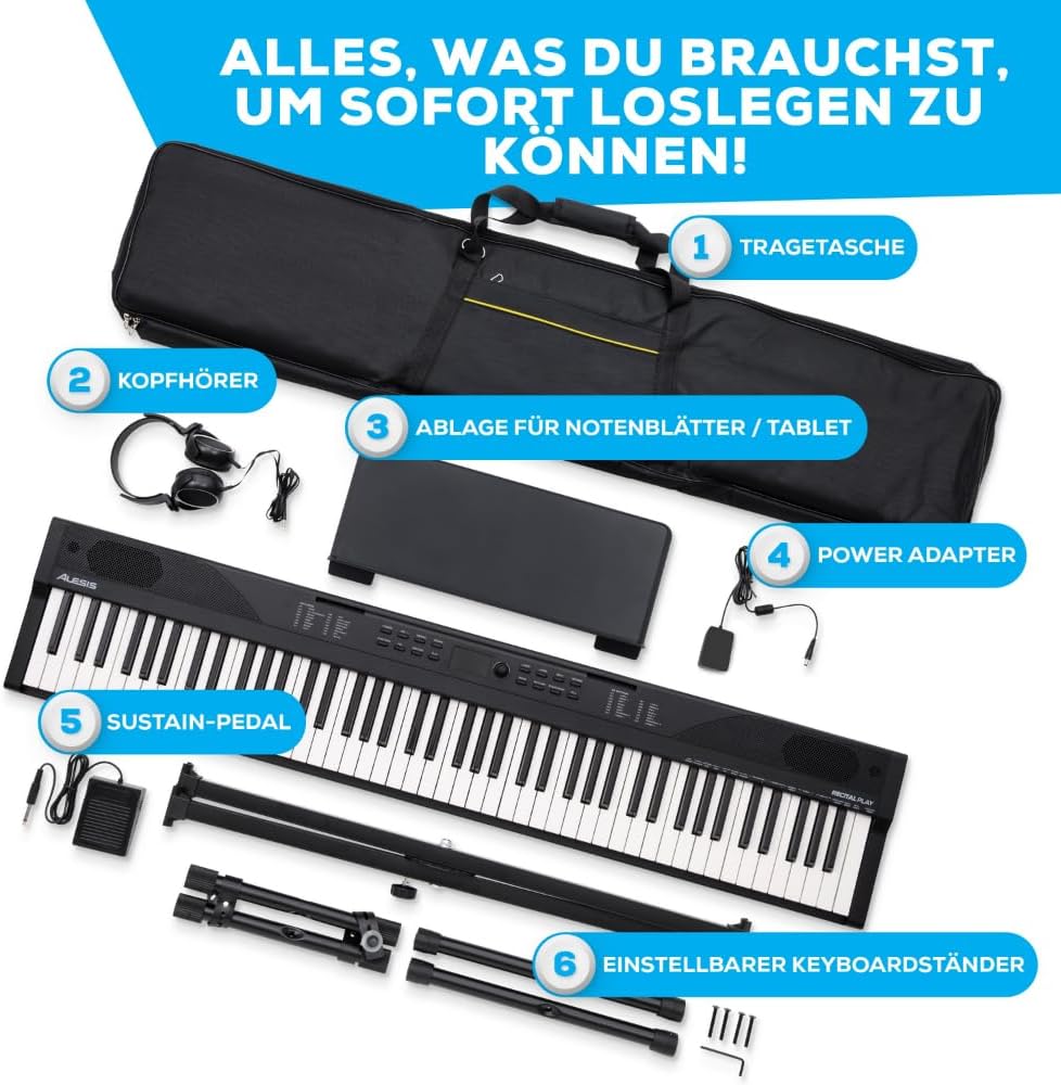 Digitalpiano 88 Tasten RECITALPLAY mit 480 Sounds USB MIDI Ständer Pedal Kopfhörer und Tasche