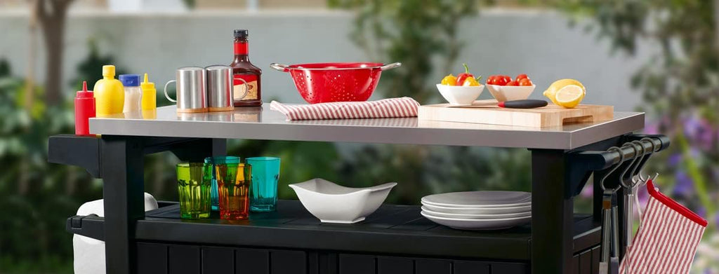 BBQ Beistelltisch XL mit Edelstahl-Arbeitsplatte 134 x 51,7 x 89,6 cm Wetterfest 298 L Stauraum