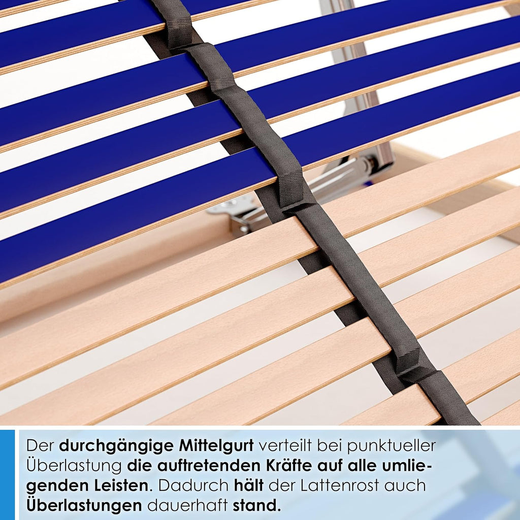 Lattenrost Vario Sleep Best 42 140x200 cm 7 Zonen Kopfteil verstellbar 42 Federleisten Härteregulierung Mittelgurt aus Buche