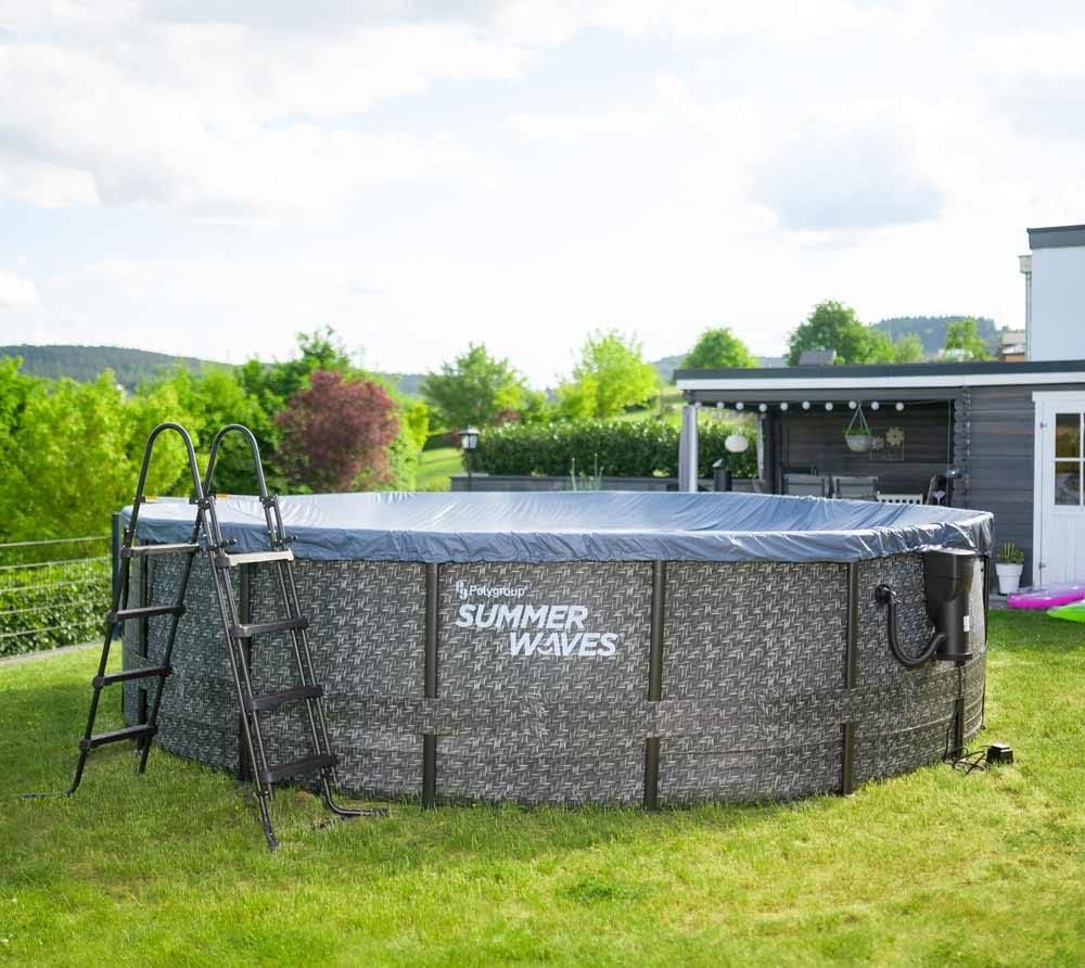 Rundpool Frame Pool Set 488x122 cm Rattanoptik mit Filterpumpe Leiter Abdeckplane Bodenvlies Reinigungsset