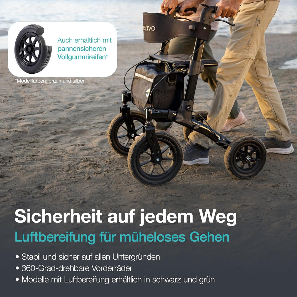 Outdoor Rollator mit Luftbereifung faltbar mit Sitz und Lehne 12/10 Zoll Räder Aluminium für Gelände Einsatz