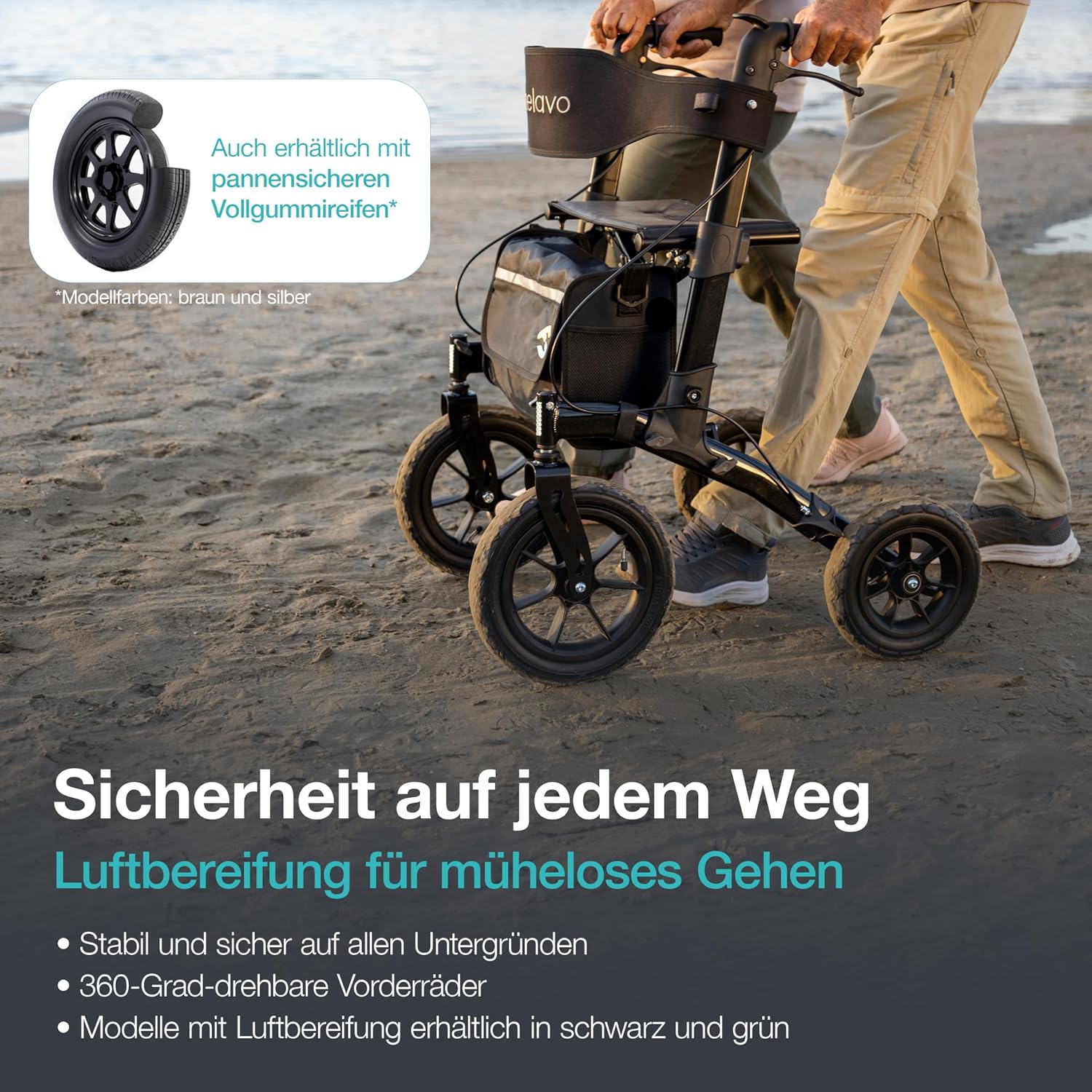Outdoor Rollator mit Luftbereifung faltbar mit Sitz und Lehne 12/10 Zoll Räder Aluminium für Gelände Einsatz