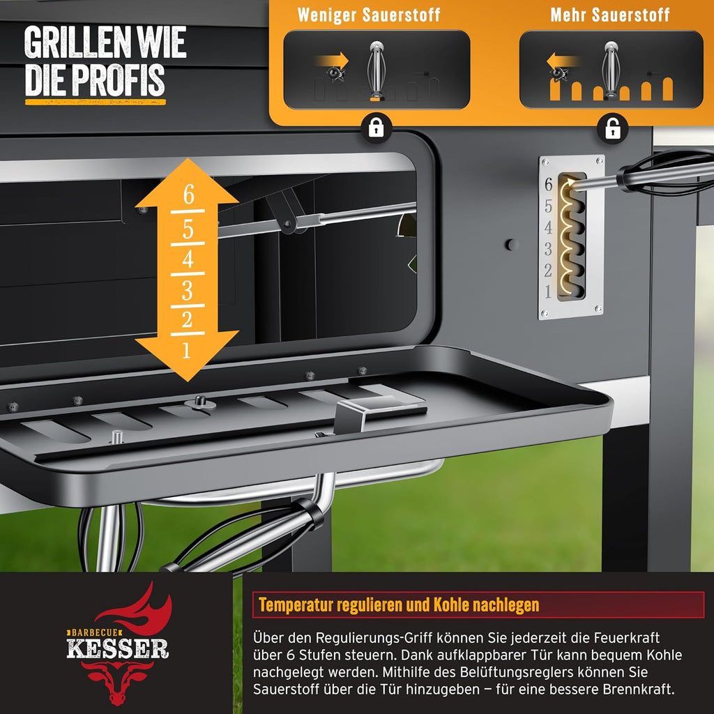 Holzkohlegrill XXL Grillwagen mit Deckel Thermometer und Smokerfunktion 56 x 41,5 cm Grillfläche inkl. Haube Bürste Pinsel & 8 Spieße
