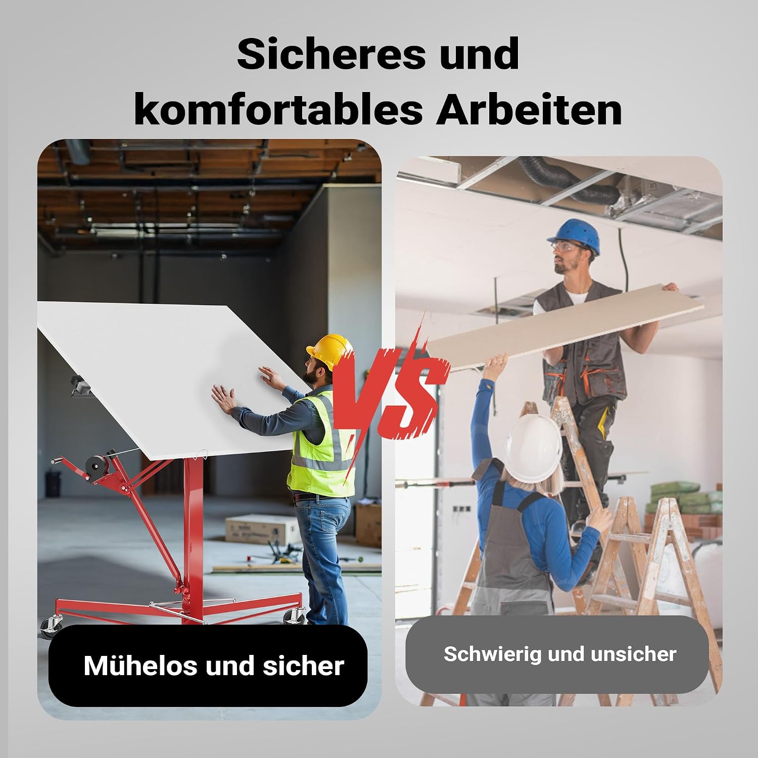 Plattenheber XXL 50790 Trockenbau 68kg Tragkraft 140–350cm Höhe 2,90m Breite 3 Rollen mit Feststellbremse rot