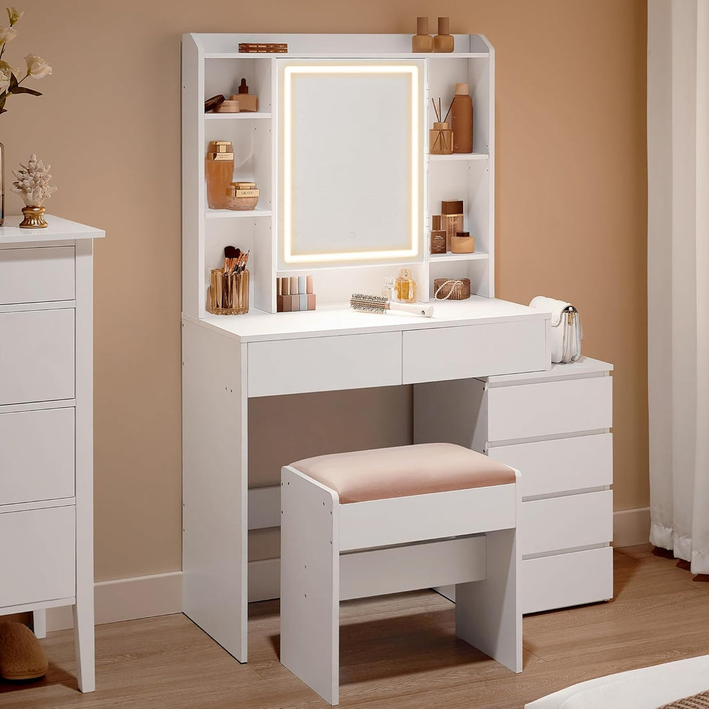 Schminktisch mit LED-Beleuchtung und Spiegel mit Hocker und Schubladen verstellbare Ablagen und offene Fächer RDT125W01