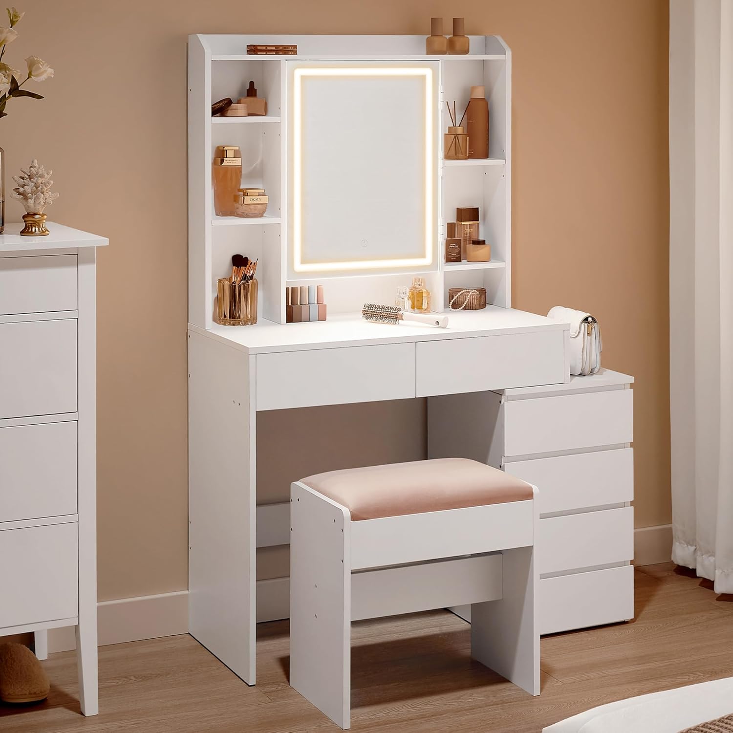 Schminktisch mit LED-Beleuchtung und Spiegel mit Hocker und Schubladen verstellbare Ablagen und offene Fächer RDT125W01