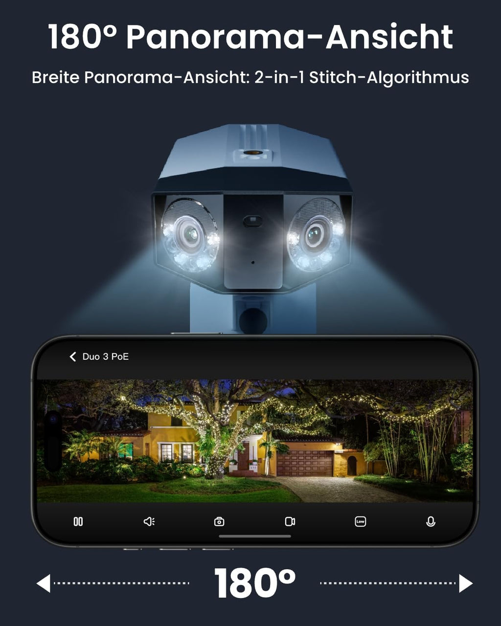 Überwachungskamera Duo 3 PoE 16MP Dual-Objektiv 180° Panorama Außenbereich Bewegungserkennung Personen Fahrzeug Tier 24/7 Aufnahme
