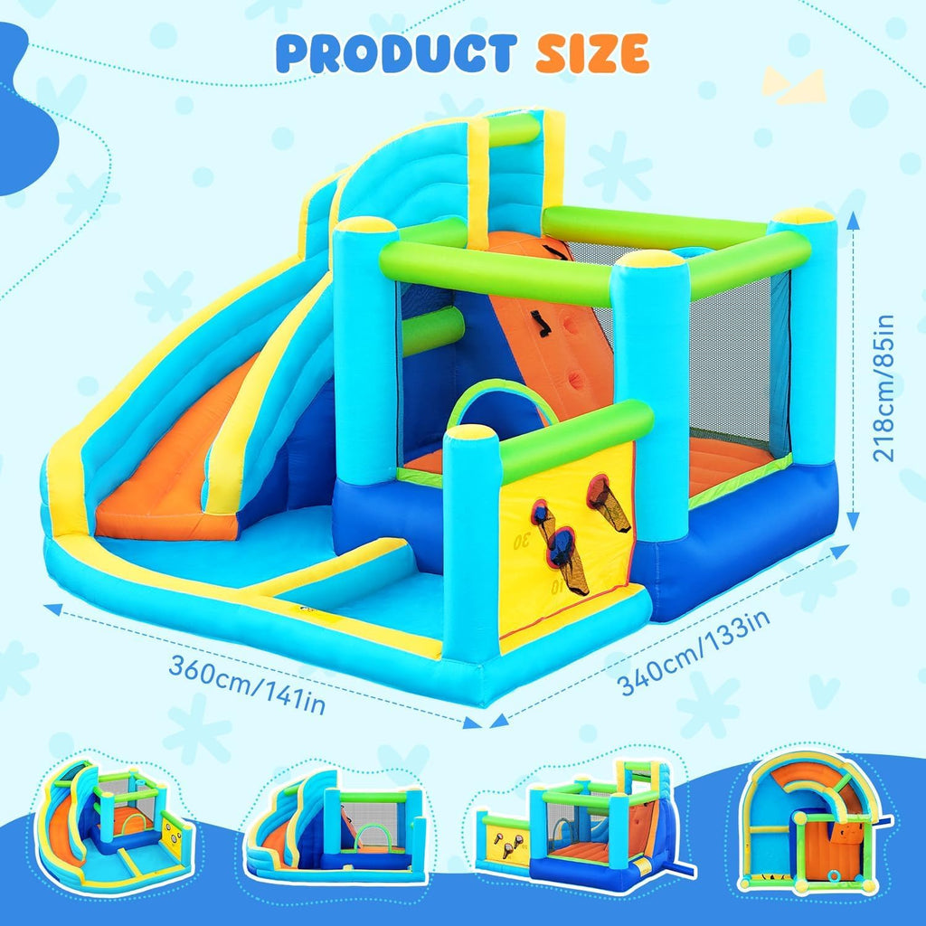 Hüpfburg mit Gebläse Wasserspielcenter 360 x 340 x 218 cm PVC Schloss mit Rutsche Kletterwand und Basketballkorb